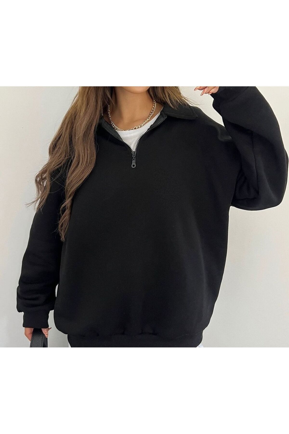 Charme Elegant Unisex Büyük Beden Baskısız Yarım Fermuarlı Oversize Sweatshirt Hoodie