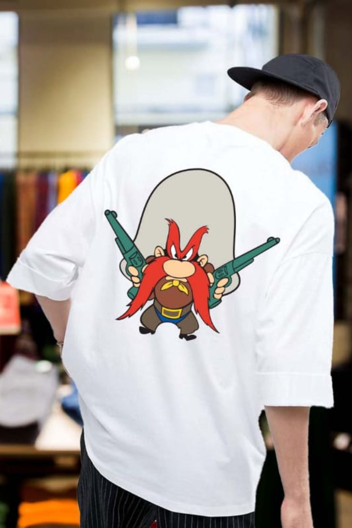 FECCY Pamuklu Yosemite Sam Baskılı Oversize T-shirt