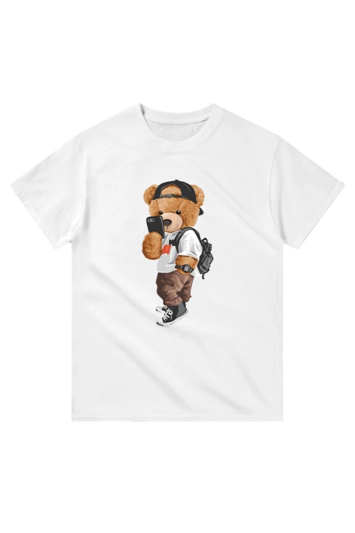 Cooqpoo Resim Çeken Ayıcık Baskılı XS-S-M-L-XL-2XL Beden Kadın Erkek Unisex Pamuklu Beyaz Tshirt