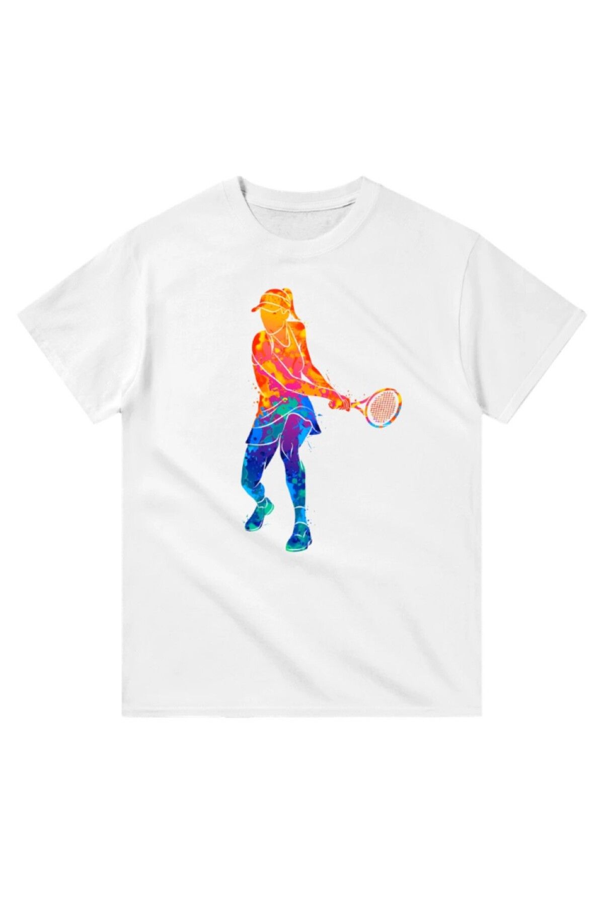 Cooqpoo Renkli Tenis Oynayan Kadın Baskılı XS-S-M-L-XL-2XL Beden Kadın Erkek Unisex Pamuklu Beyaz Tshirt