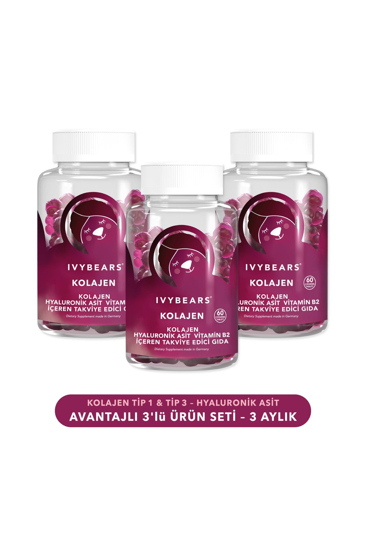 IvyBears Çiğnenebilir Kolajen Vitamin 3´lü Set, Tip 1, Tip 3, Hyaluronik Asit, Vitamin B2, 180 adet,90 günlük
