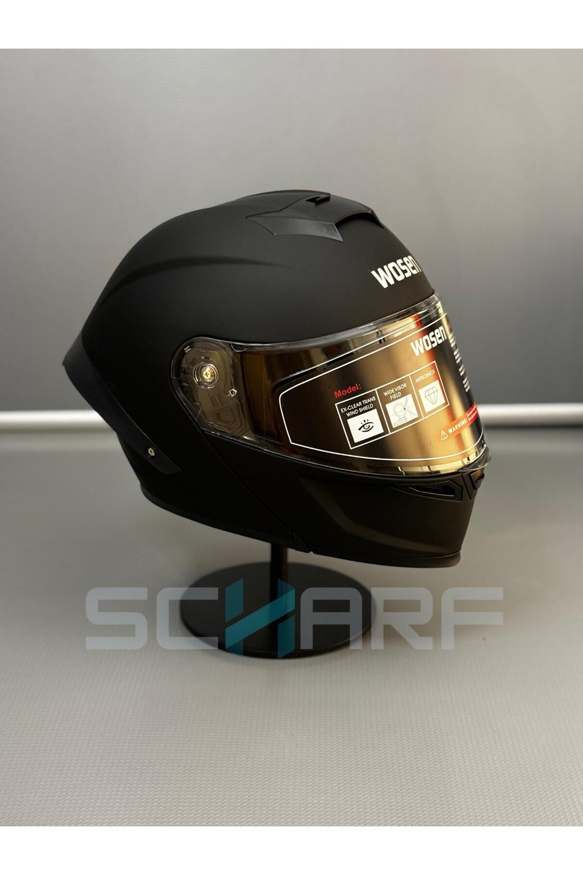 WOSEN Ws-202 Güneş Vizörlü Çene Açılır Kask Matt Black (Şeffaf Vizörlü)