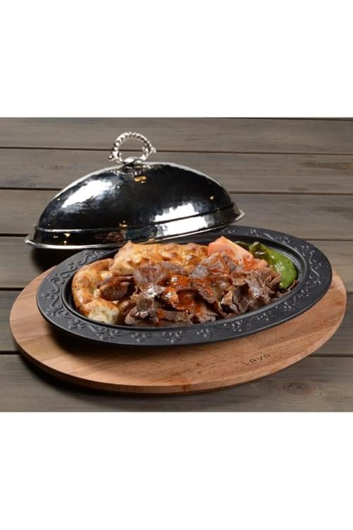 STOREMAX Ölçü 28x20cm. Formlu Kapak Bakır Dövme Ahşabı ve Kayın Servis Kebap Tabağı Oval