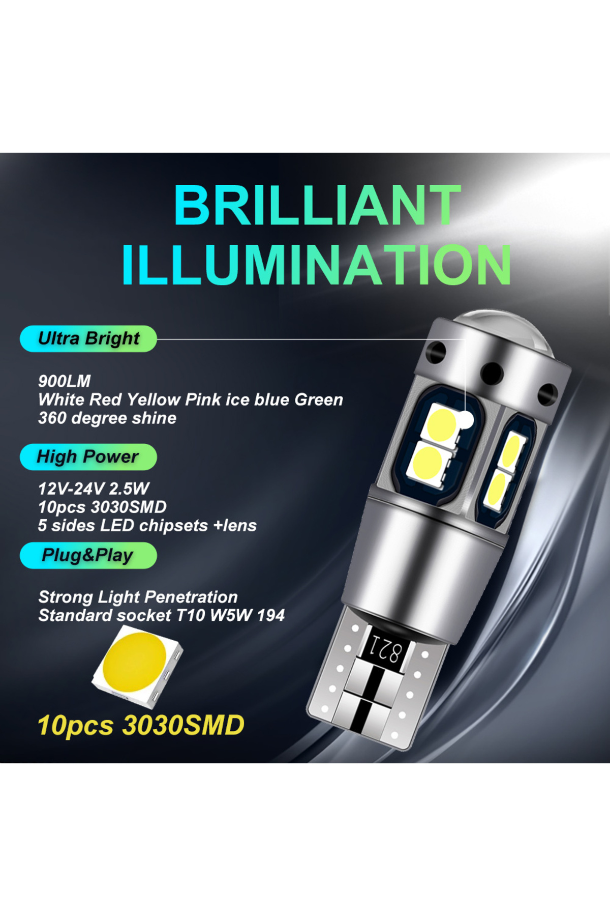 Choice-4 قطع بيضاء W5w T10 LED Canbus لمبات إضاءة بيضاء زرقاء جليدية لمصباح قبة السيارة الداخلي ومصباح صندوق السيارة ومصباح الحديقة 3