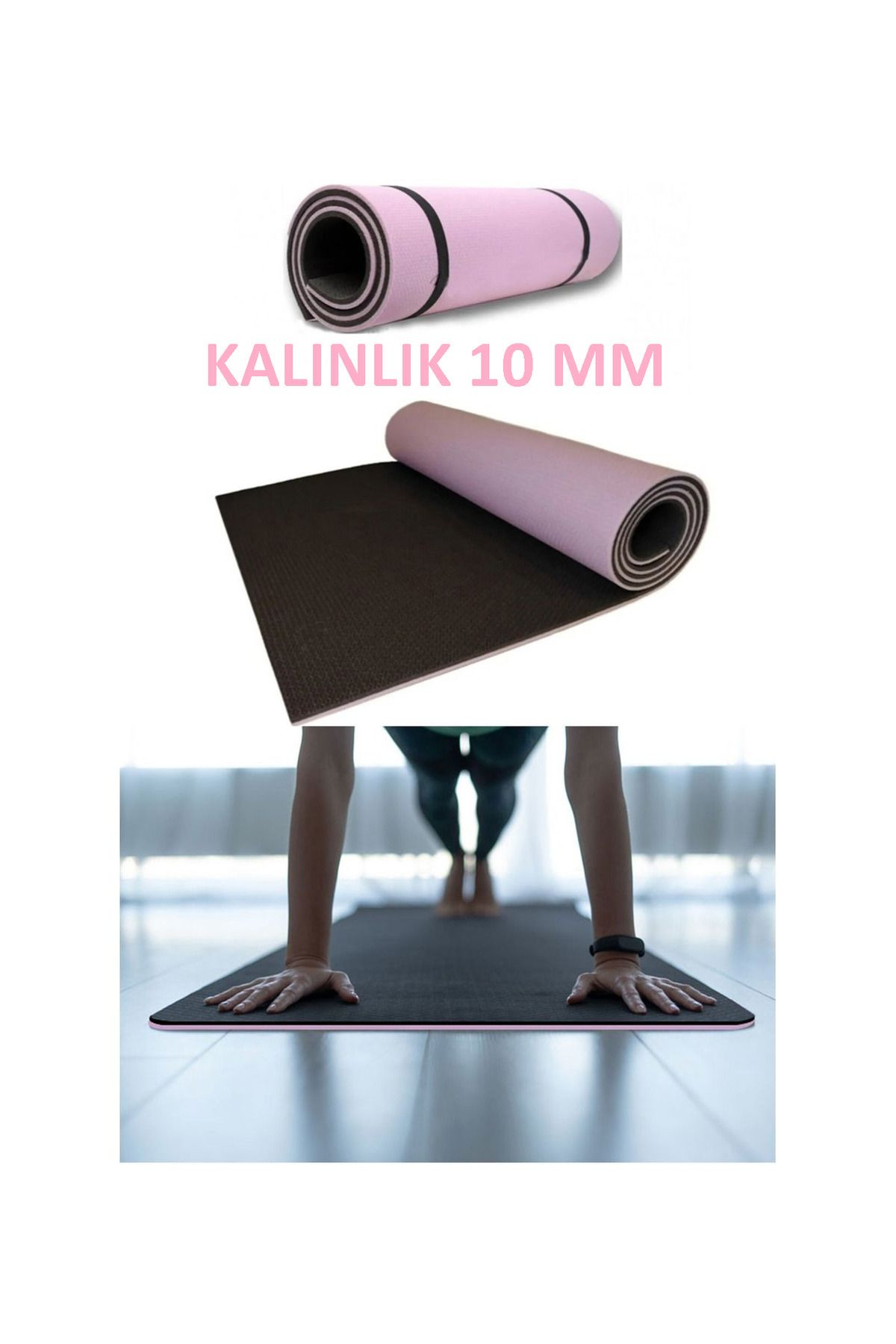 PLUSSPORT 10 Mm Çift Taraflı PEMBE SİYAH Pilates Matı Iz Yapmaz Kaymaz Egzersiz Minderi Kamp Matı