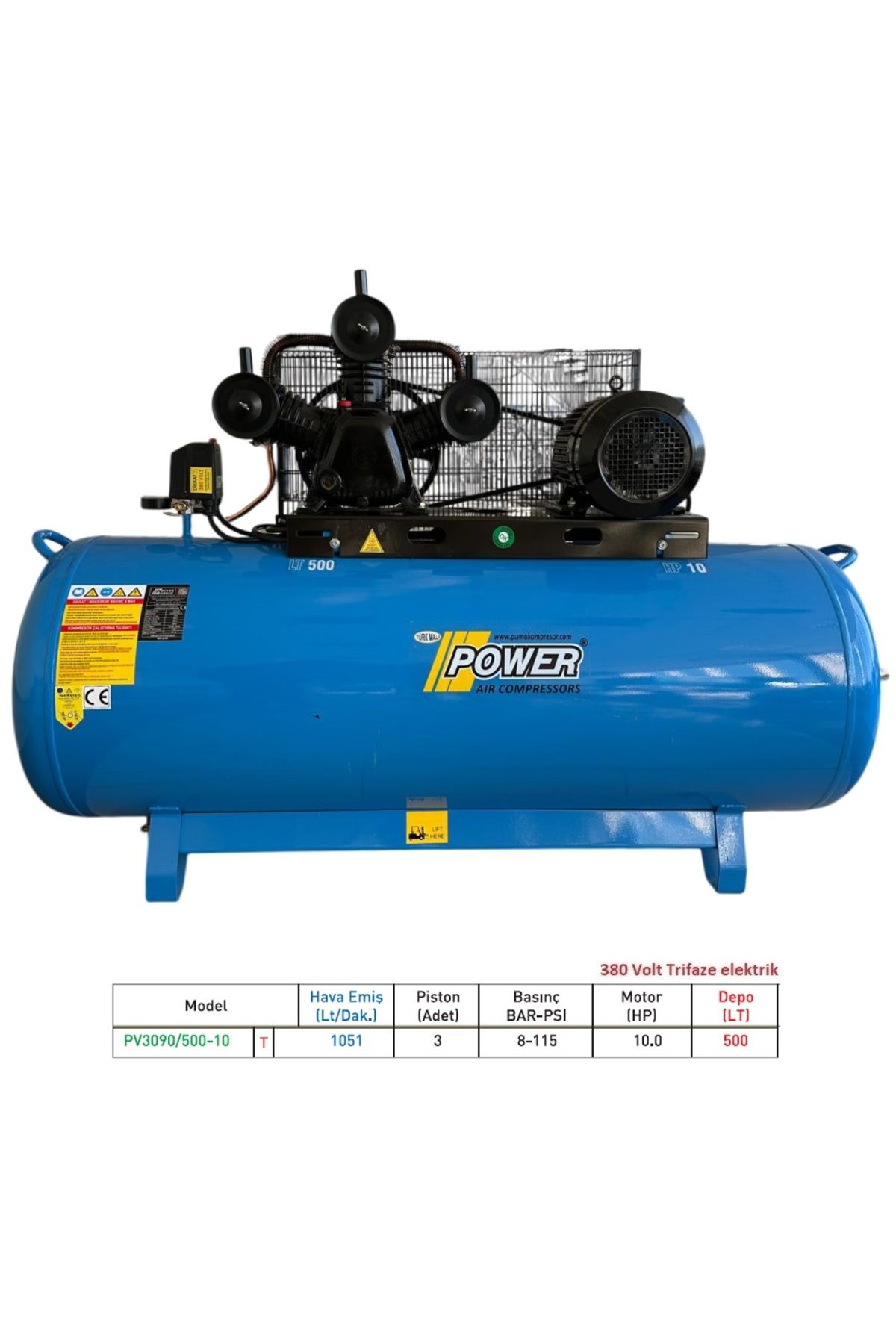 POWER 500 Lt HAVA KOMPRESÖRÜ 3 PİSTON 8 BAR DÖKÜM KAFALI YAĞLI 380 V