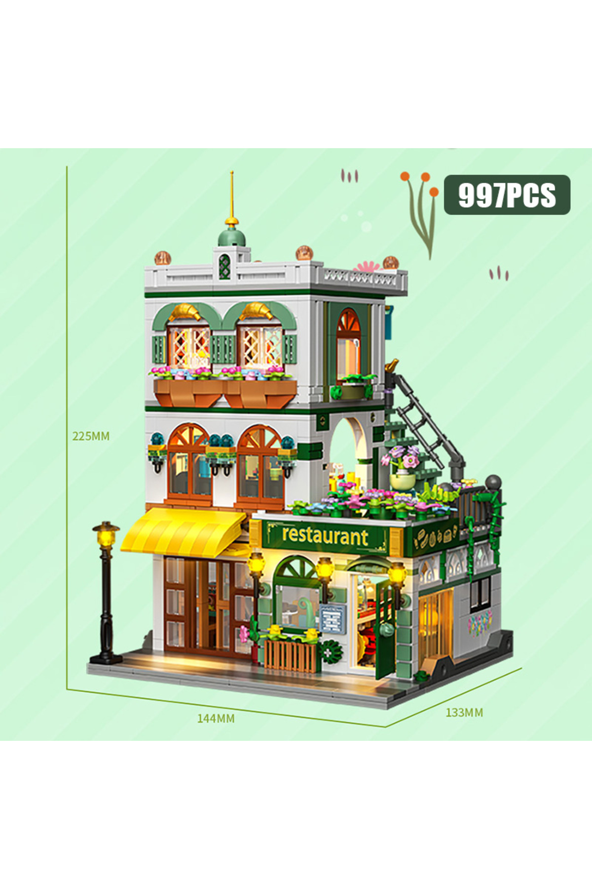 ۹۹۷ تکه بدون جعبه خلاقانه ۹۹۷ تکه مدل رستوران چینی با نمای خیابانی، بلوک‌های ساختمانی شهری سه‌طبقه