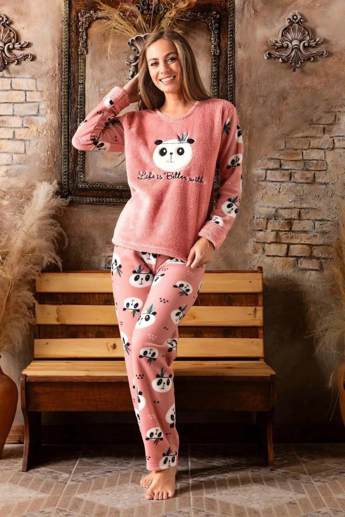 NEYSEKİVAR Panda Desen Kışlık Kadın Polar Pijama Takımı