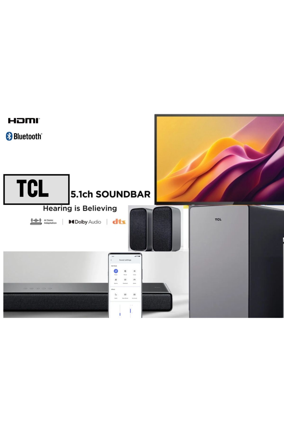 TCL ARC özellikli Dolby Audio, Kablosuz Subwoofer ve Çevresel Uydu Hoparlörler ile 5.1 Soundbar