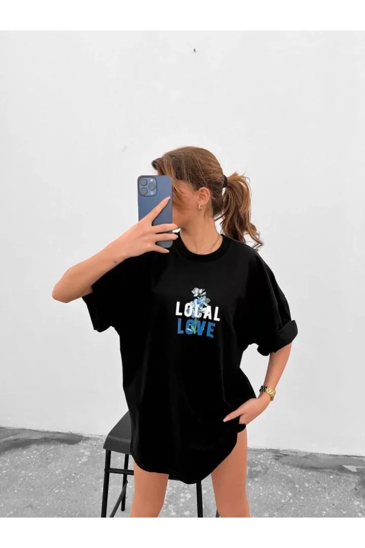 Kelepire Düştü Unisex Bisiklet Yaka Baskılı Oversize T-Shirt - Siyah