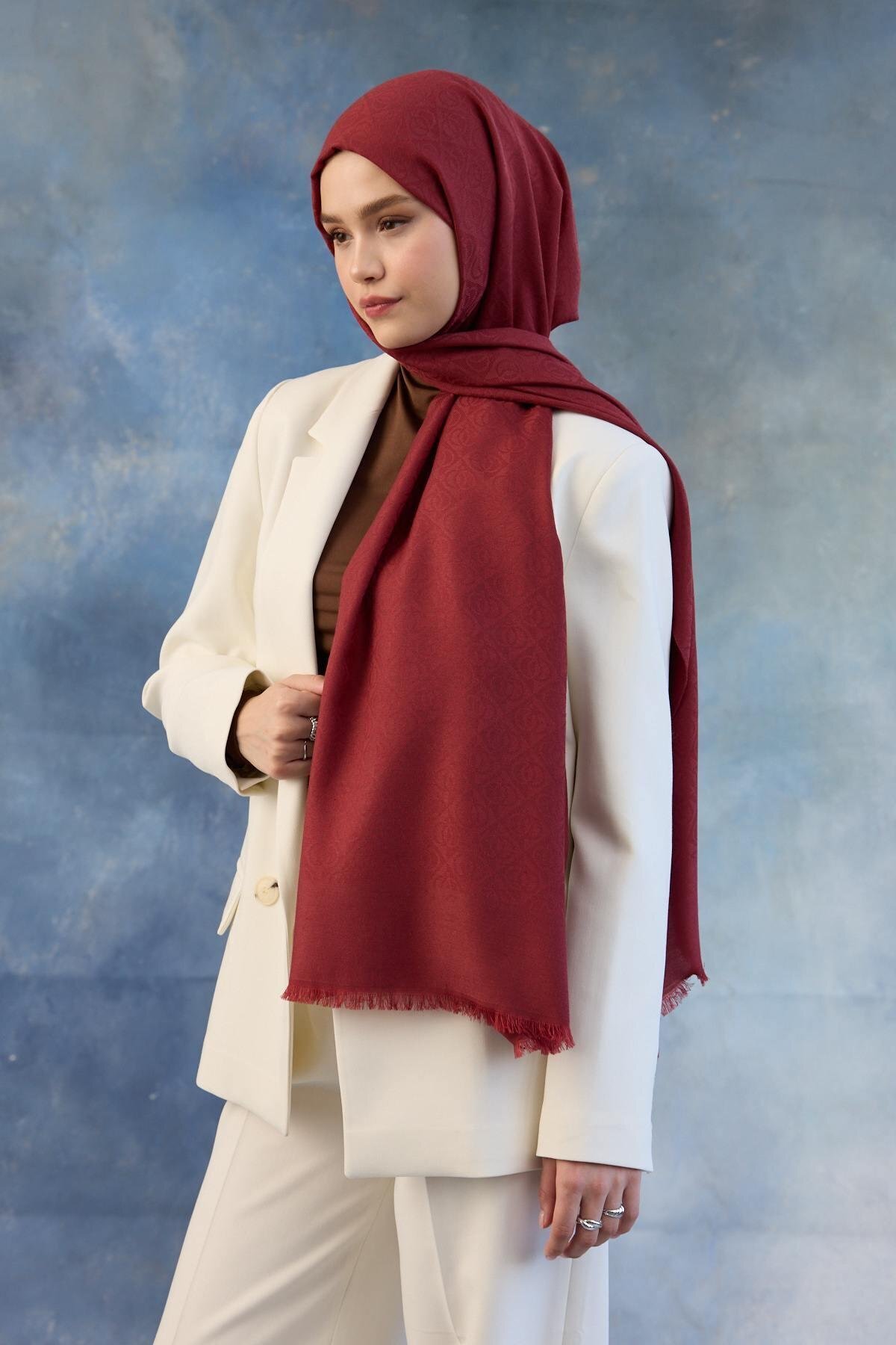 İpekhan-Red Cotton Jacquard Shawl 8008 4