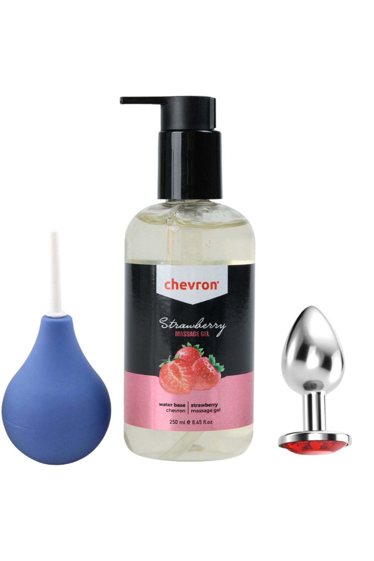 chevron Kayganlaştırıcı Jel Strawberry 250 ml & Anal Temizleme Pompası & Metal Taşlı Plug