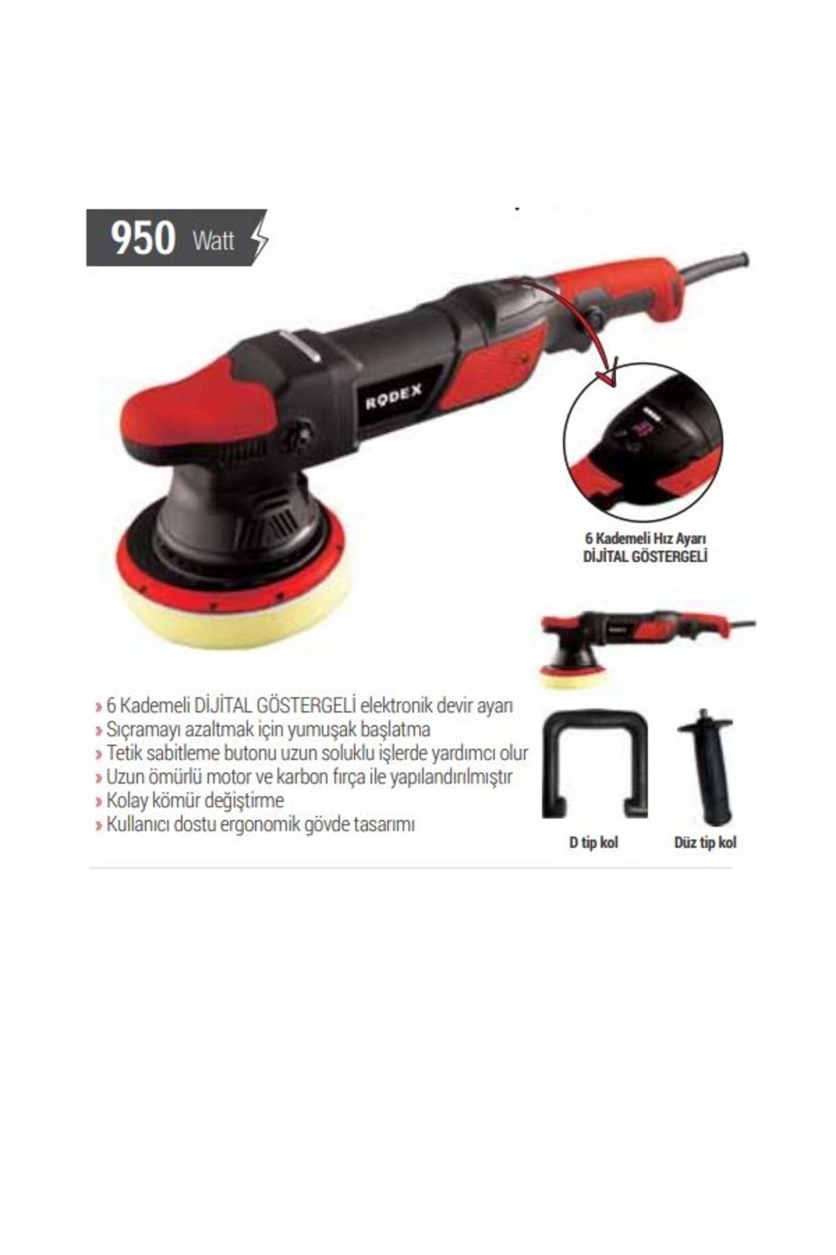 Rodex 950watt 6 Kademeli Hız Ayarlı Orbital Polisaj Makinesi D Tipi Ve Düz Tip Tutma Kolu