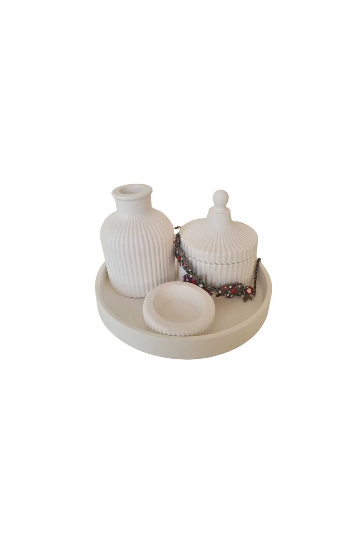 Home HAM BEYAZ SET MİNİMALİST DEKORATİF SET-YUVARLAK TEPSİ VAZO KAPAKLI KUTU TEALIGHT