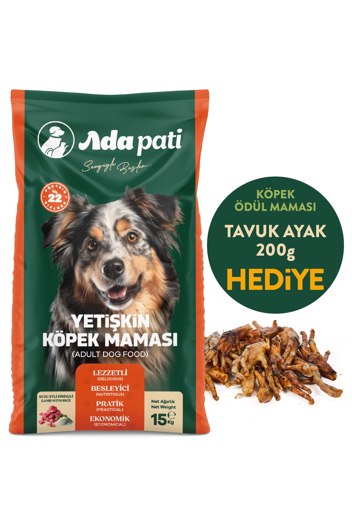 Ada Pati HEDİYELİ Köpek Maması 15 kg - Kuzu Etli Pirinçli - Tavuk Ayak Ödül Maması HEDİYE