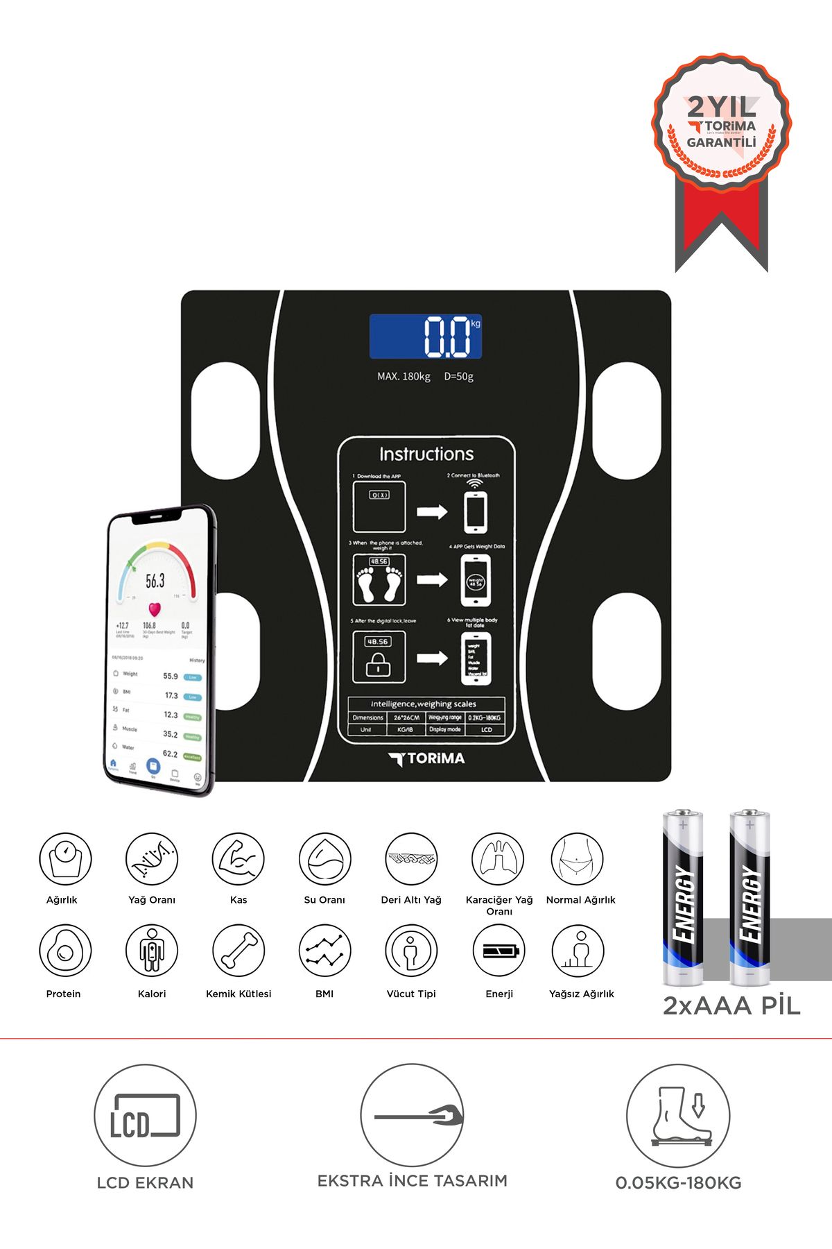 Torima XK-26C Siyah Dijital Baskül Yağ Kas Su Vücut Kitle İndeksi Kilo Ölçer Bluetooth Tartı