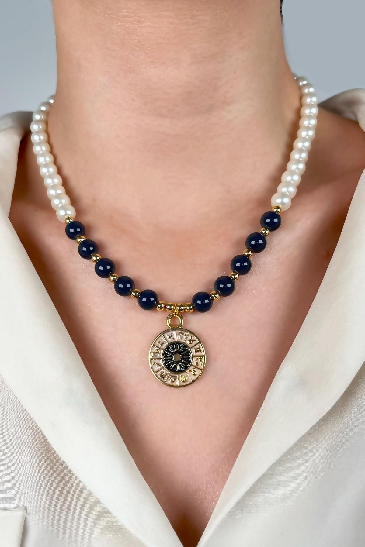 Sose Moda-Smoked Zodiac Medallion End Pearl and Bead Necklace 1