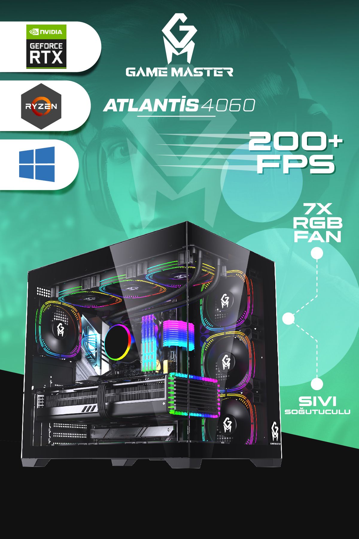 GM Game Master Atlantis 4060 Ryzen 5 5600 CPU 32GB RAM 1TB M.2 RTX4060 Sıvı Soğutuculu Akvaryum Gaming Pc