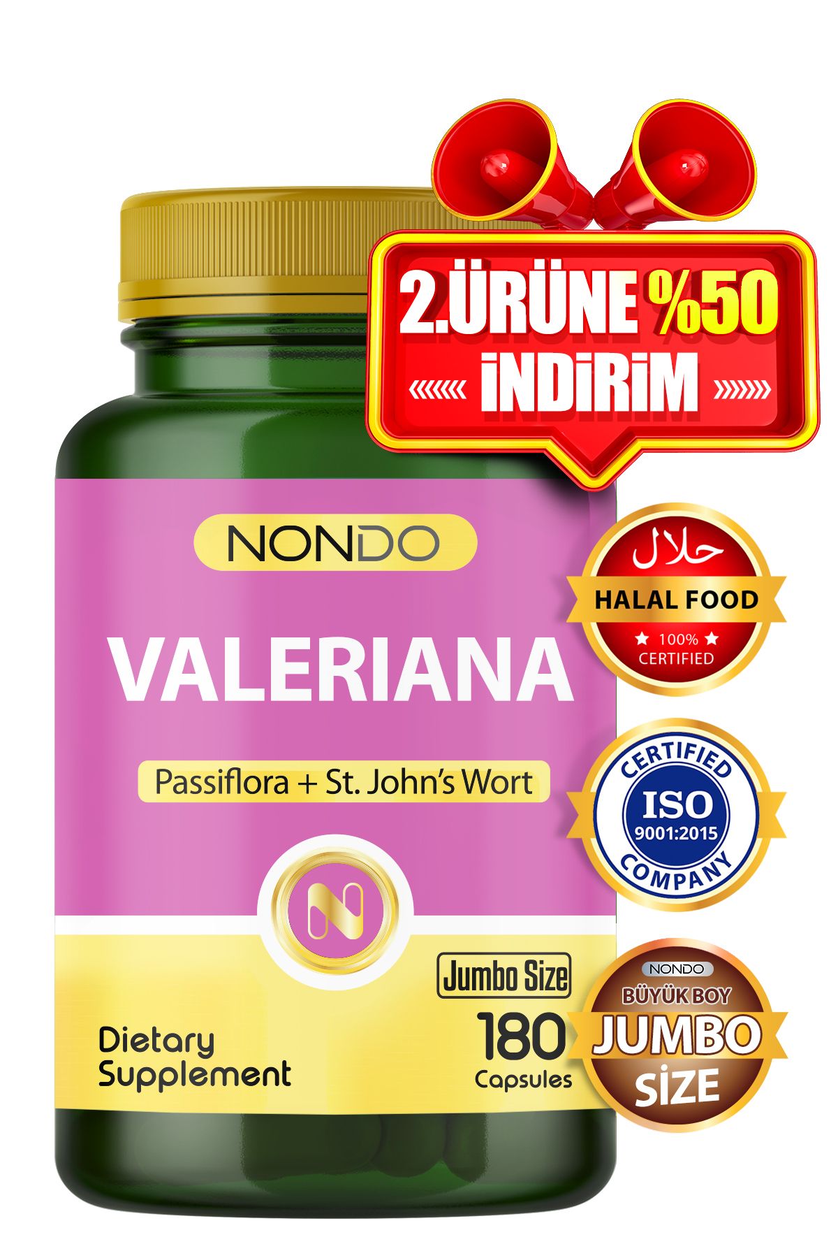 Nondo Valeriana Kedi Otu Jumbo Boy 180 Kapsül (Pasiflora, Sarı Kantaron)