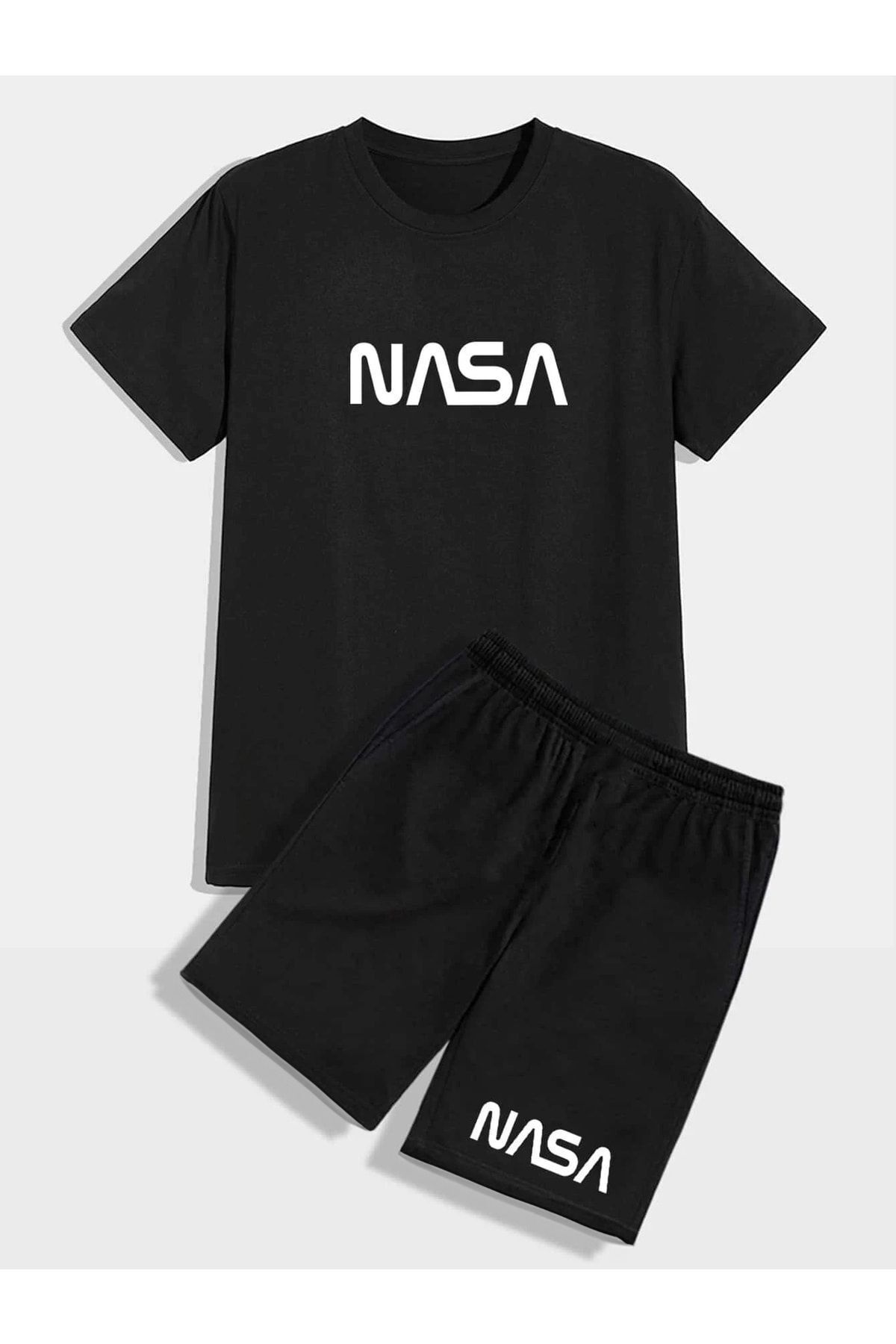 Boi Nasa Tasarım T-Shirt Şort - Siyah Şortlu Tişört Alt Üst Takım Baskılı Bisiklet Yaka