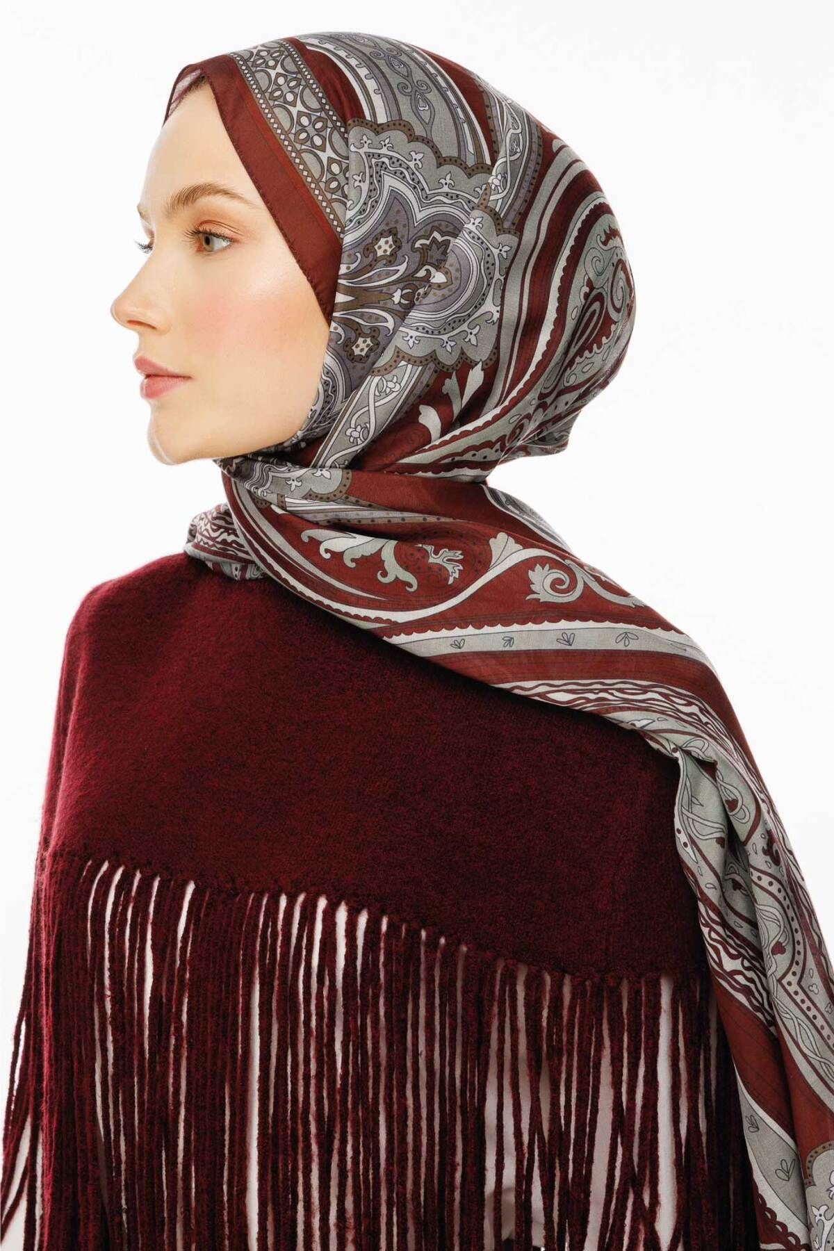 VALORSCARF Retro Desen Şal  Kızıl Bordo