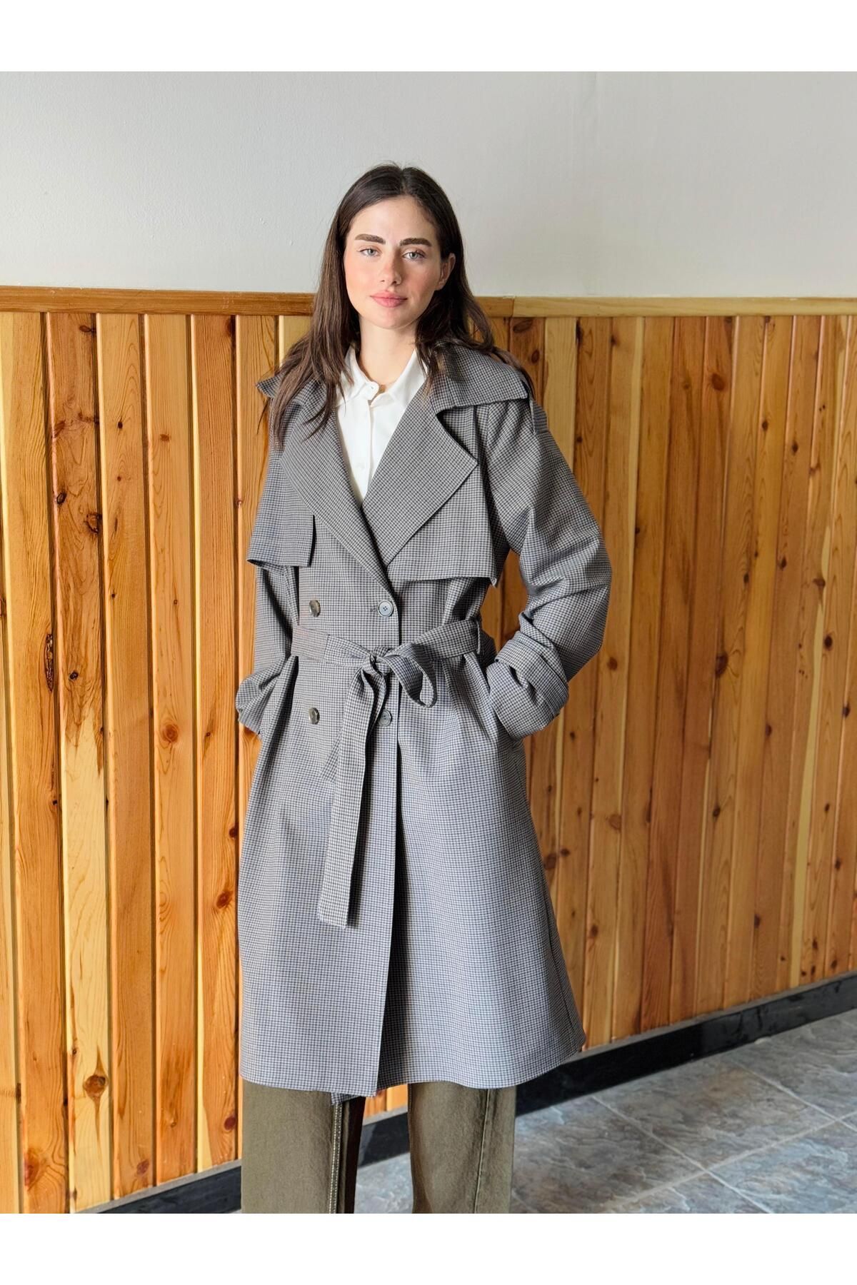 Retrobird Tasarım İngiliz Pelerin Model Trenchcoat Ceket Kadın Duman Renkli