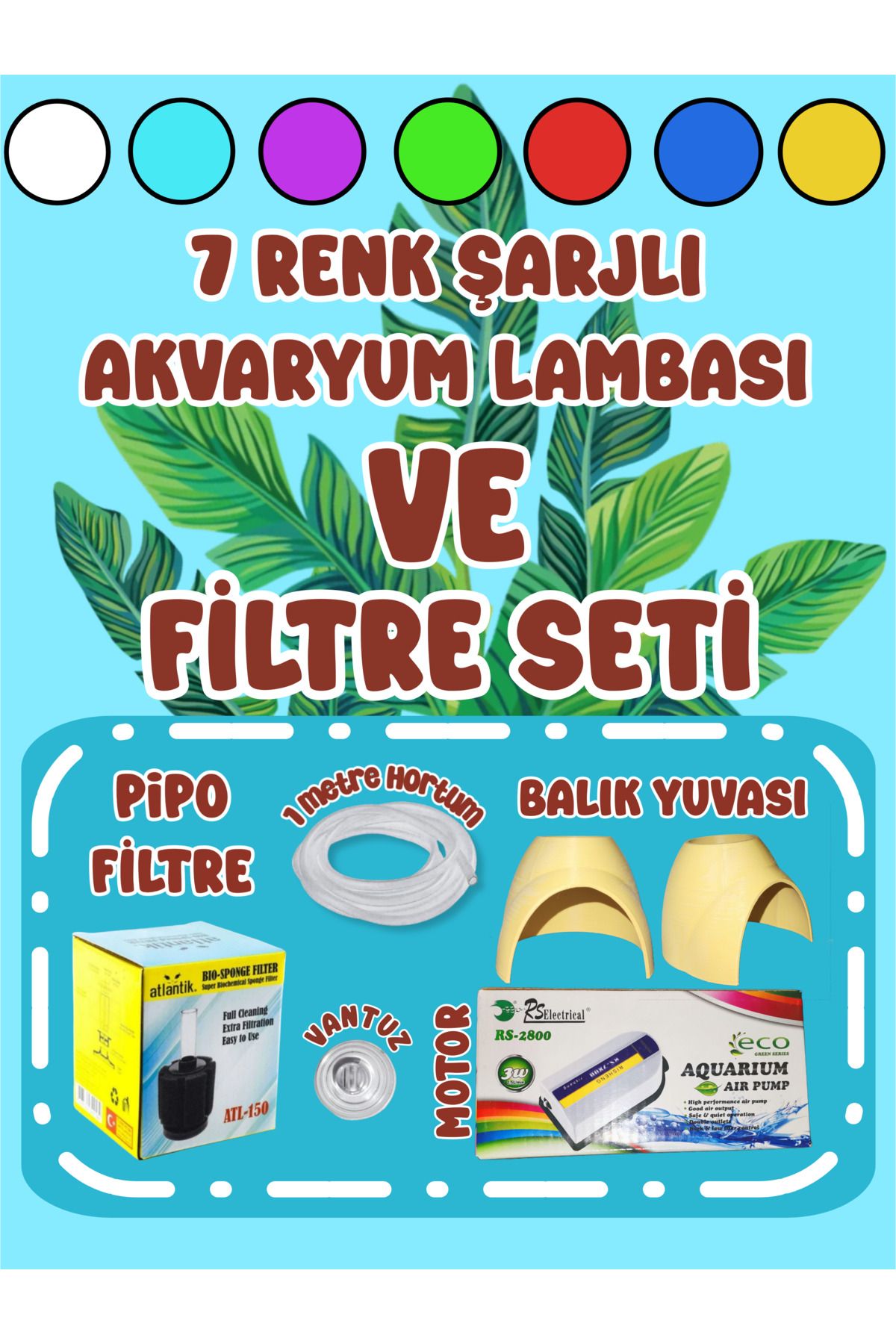 MDİZMİR Küçük Akvaryum Seti : 7 Renk Lamba × Pipo Filtre × Motor × Hortum ×vantuz × Balık Yuvası