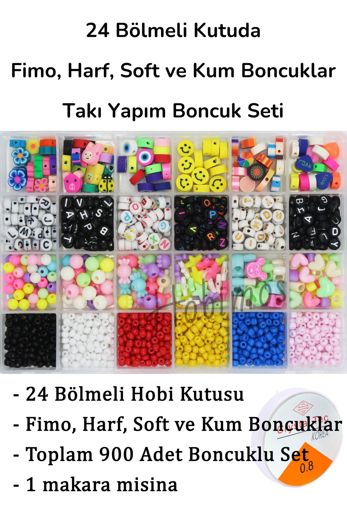 Hobimos 24 Bölmeli Hobi Kutusunda Fimo, Harf, Soft ve Kum Boncuk Takı Yapım Seti