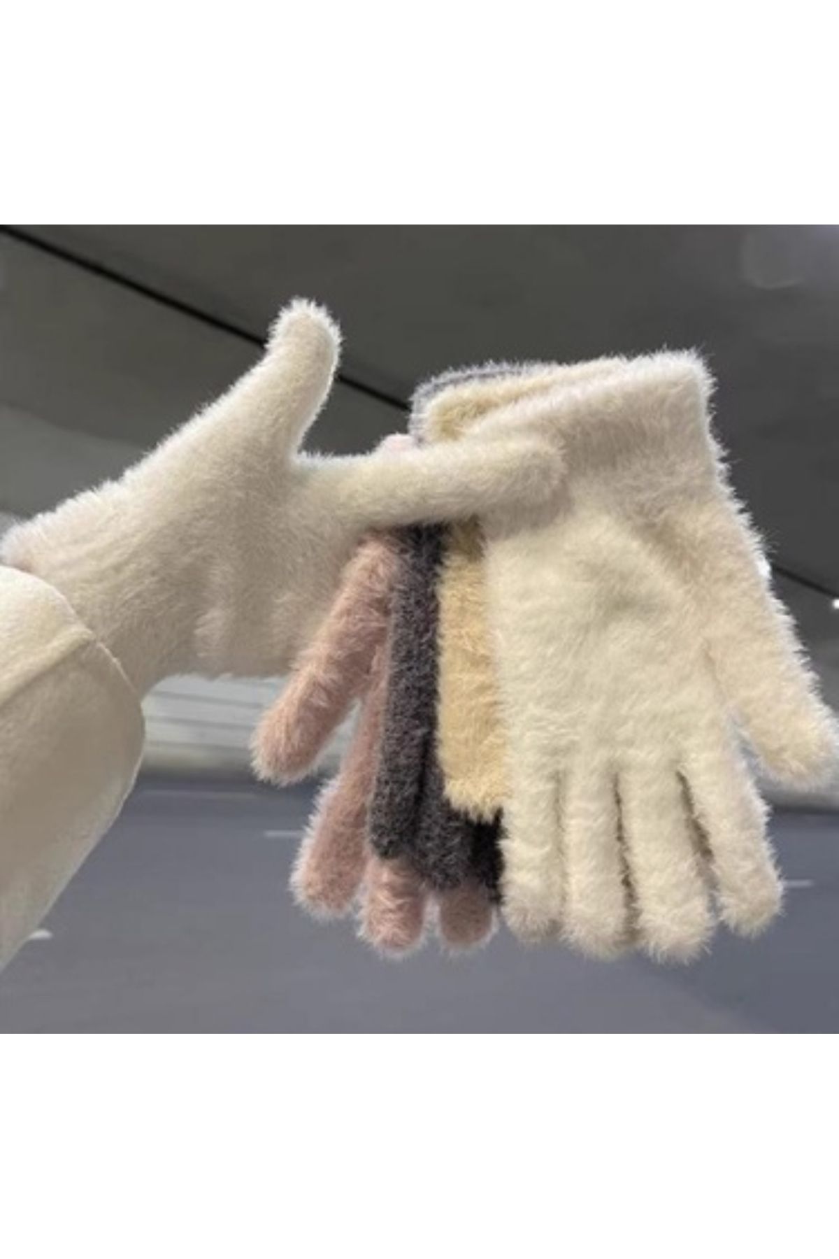 shop-Touch Compatible Fur Gloves(Grey) 5