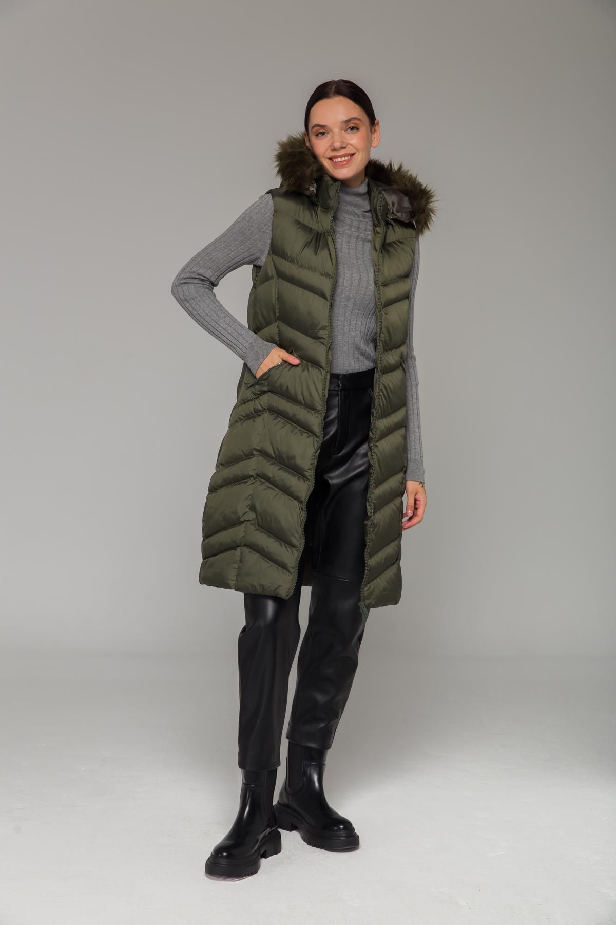Olcay-Furry Removable Hooded Inflatable Vest Khaki 8192 4