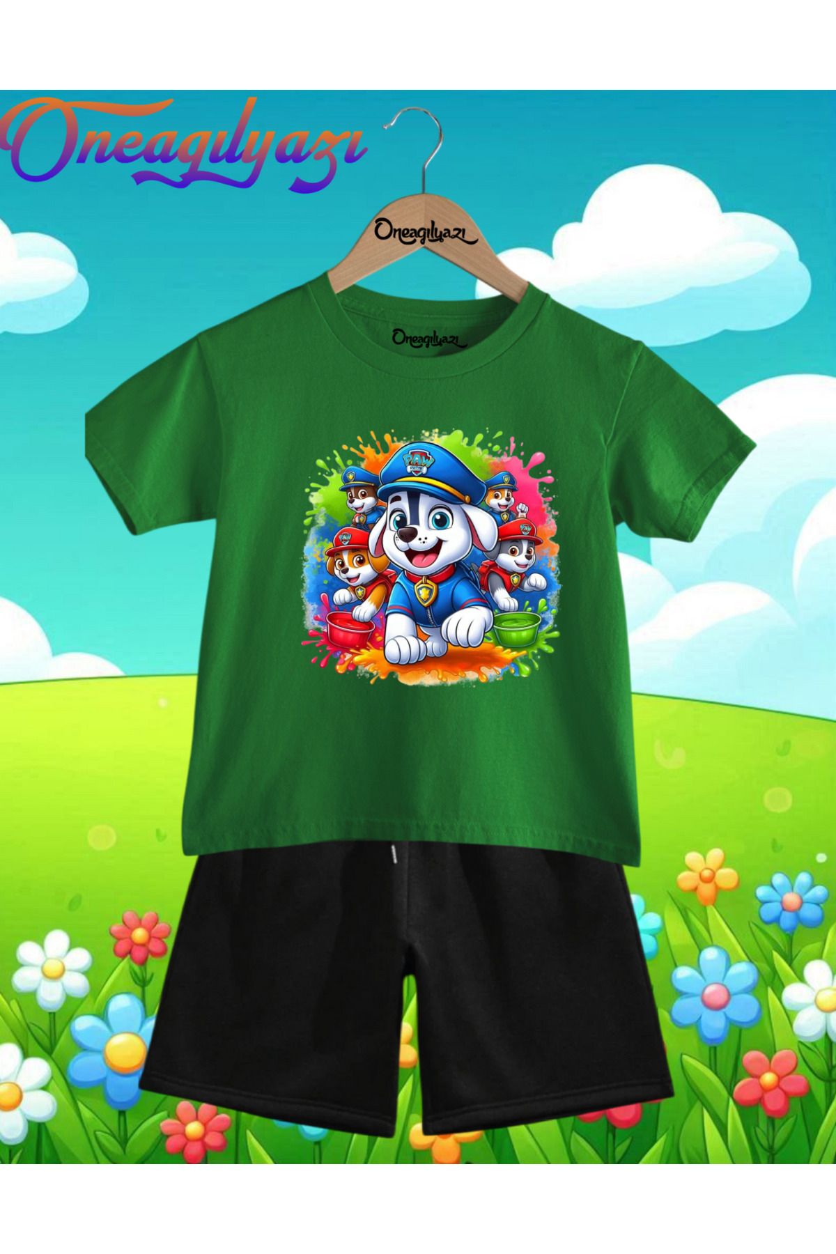 oneagılyazı-Cute Dog Printed Children's Oversize T-Shirt and Shorts Set 1