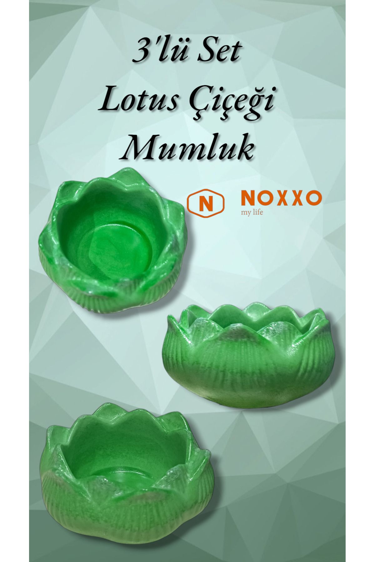 N NOXXO 3 lü Lotus Çiçeği Mumluk Seti - Dekoratif Tealight Mumluk Beton Yeşil