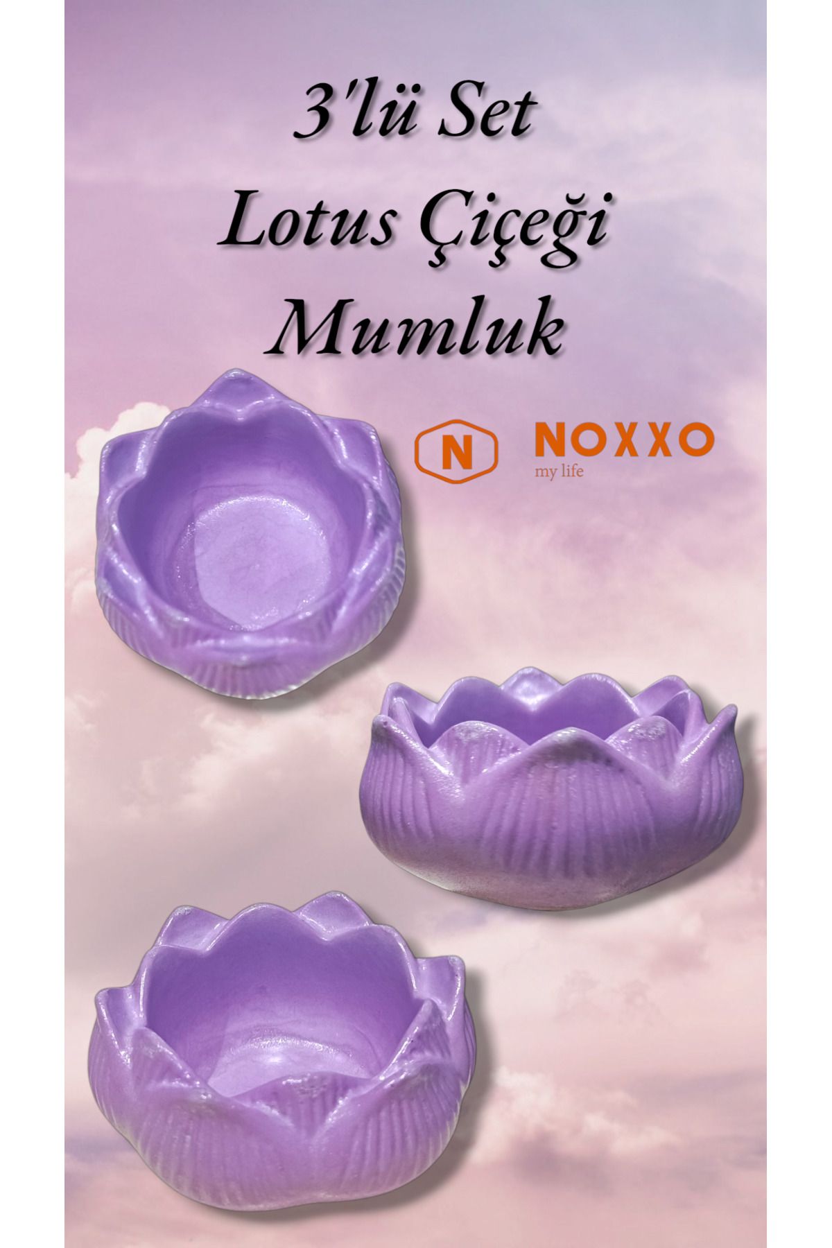 N NOXXO 3 lü Lotus Çiçeği Mumluk Seti - Dekoratif Tealight Mumluk Beton Mor