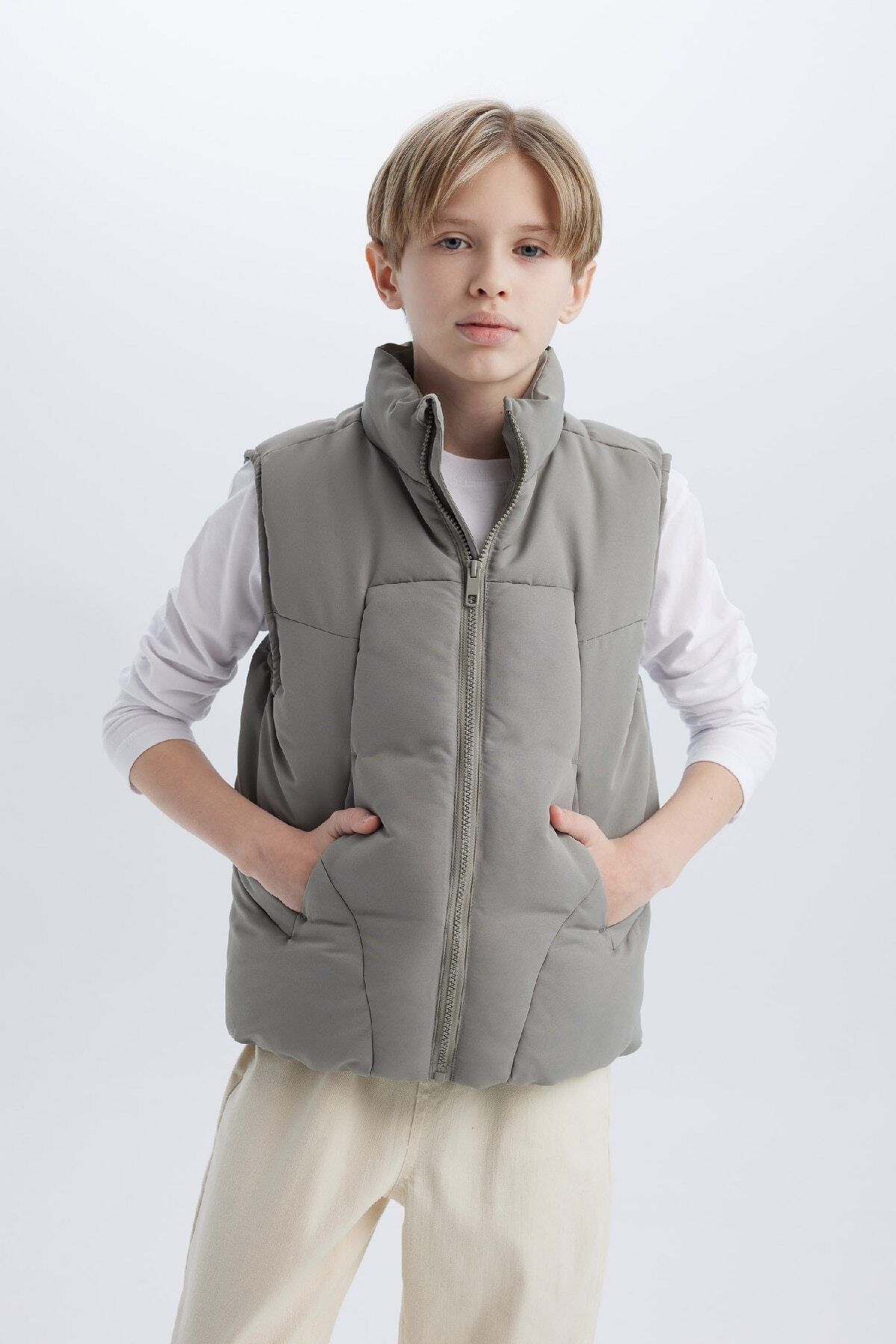 DeFacto-Boy's Water Repellent Zippered Stand Collar Vest D5908A825Sp 4