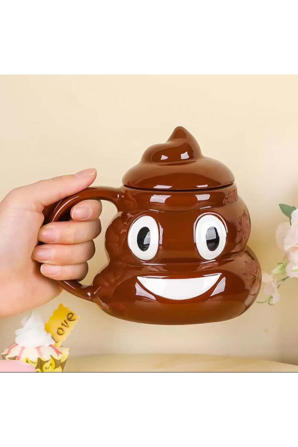 EXENET Emoji Kaka Mug Kupa Bardak & Esprili Eğlenceli Kapaklı Komik Karikatür 3D Parodi Poo Gülücük Cupa