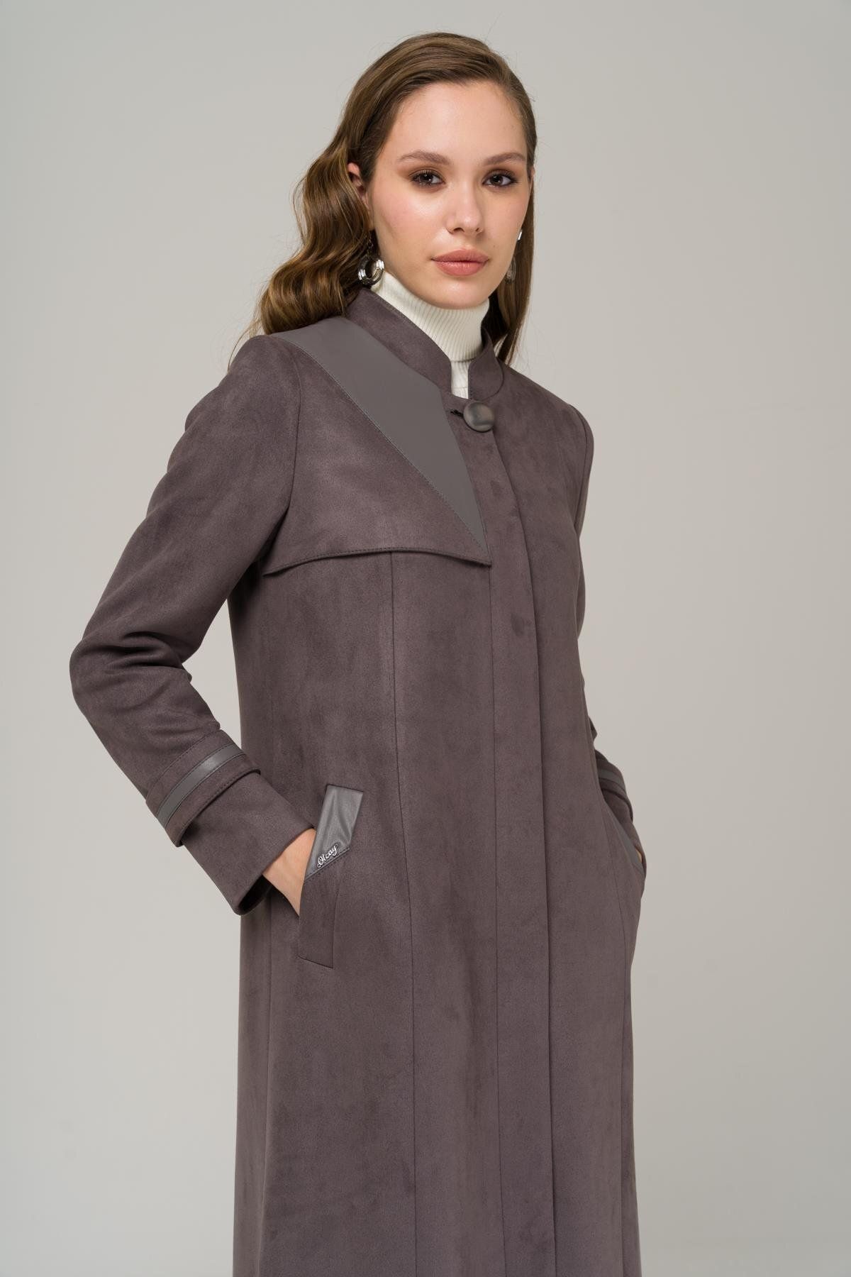 Olcay-Magnificent Collar Cape and Leather Detailed Suede Look Topcoat Smoked 6519 4