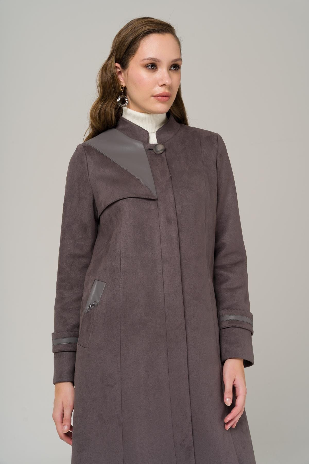 Olcay-Magnificent Collar Cape and Leather Detailed Suede Look Topcoat Smoked 6519 2