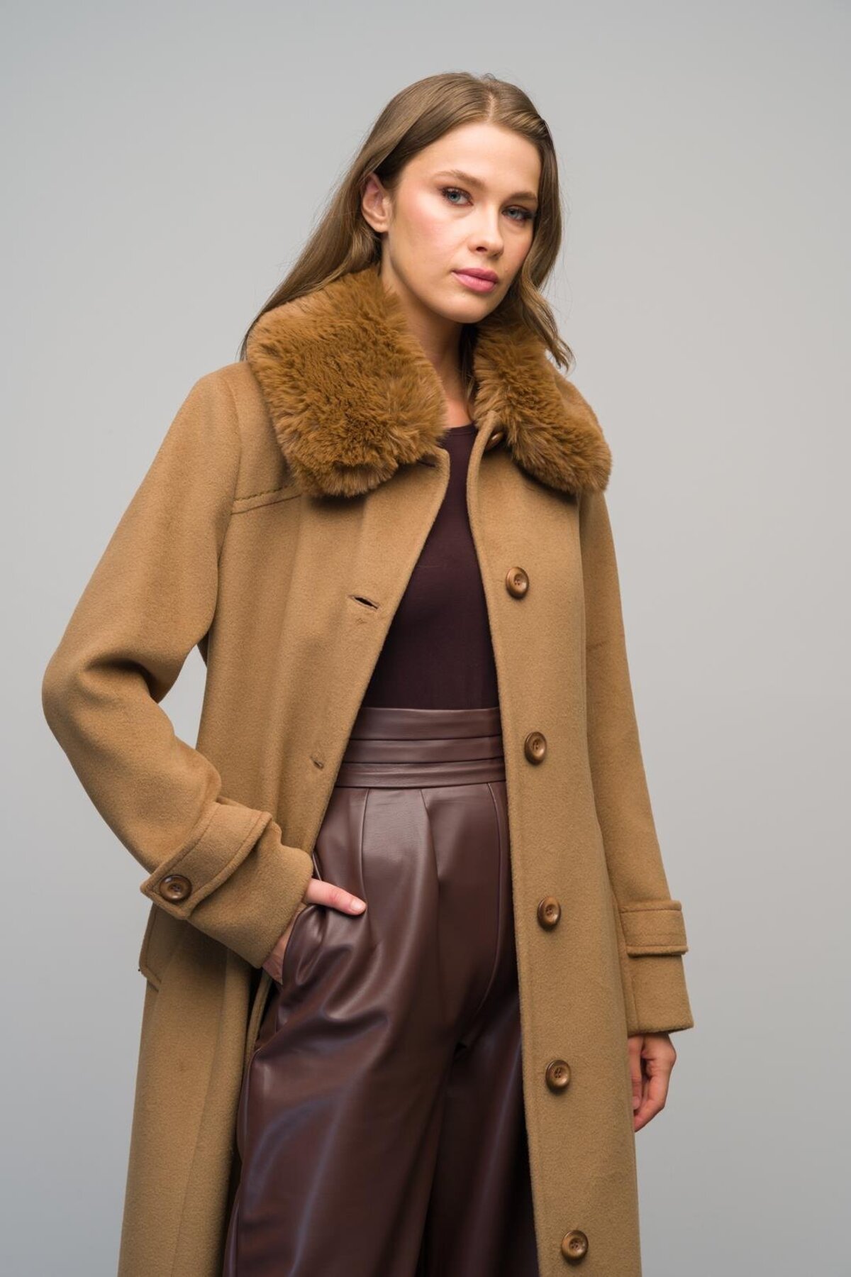 Olcay  Gömlek Yaka Çıkabilir Kürklü Büyük Beden Manto K. KAMEL 3071 - Görsel 6