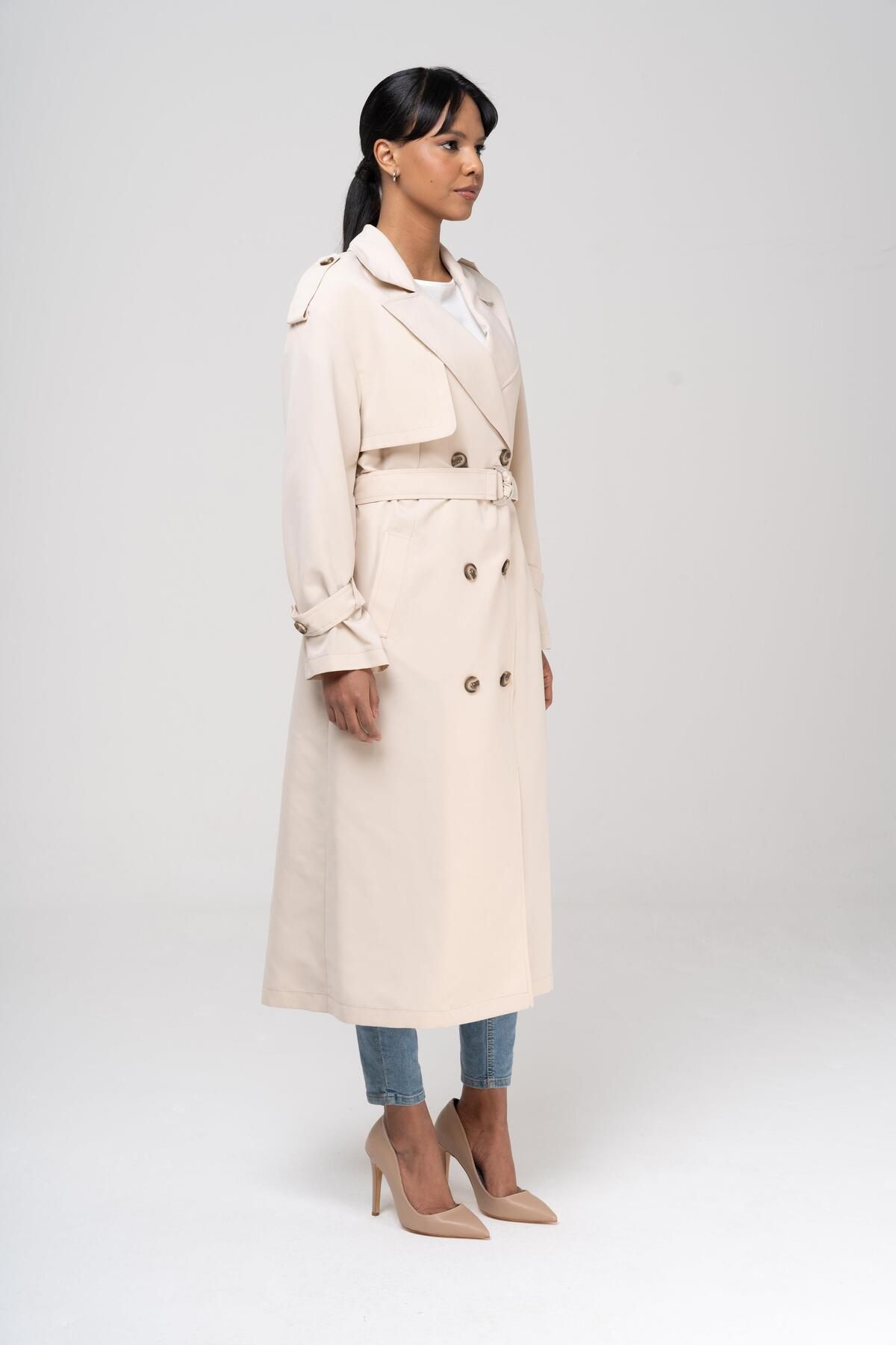 Olcay-Bequeme Passform, zweireihiger, wasserabweisender, ungefütterter Trenchcoat BEIGE 6542 6