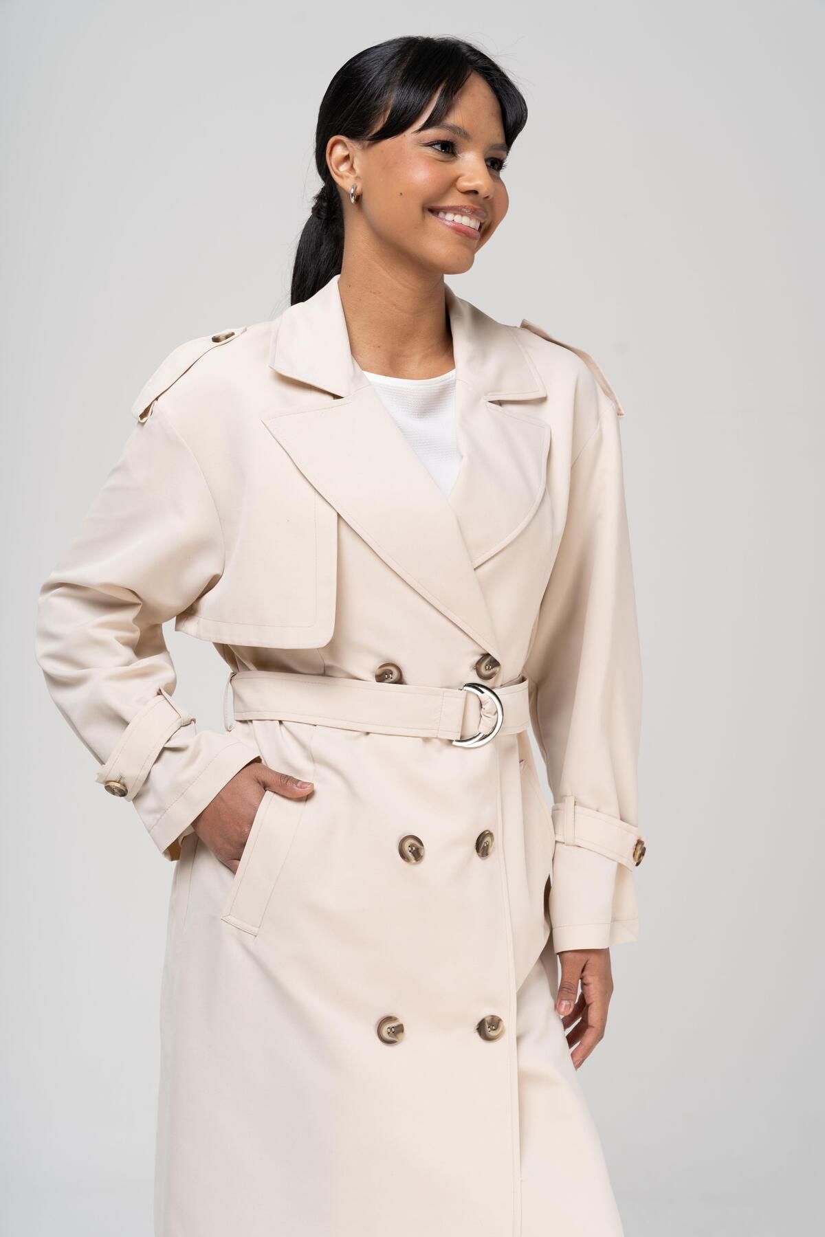 Olcay-Bequeme Passform, zweireihiger, wasserabweisender, ungefütterter Trenchcoat BEIGE 6542 7