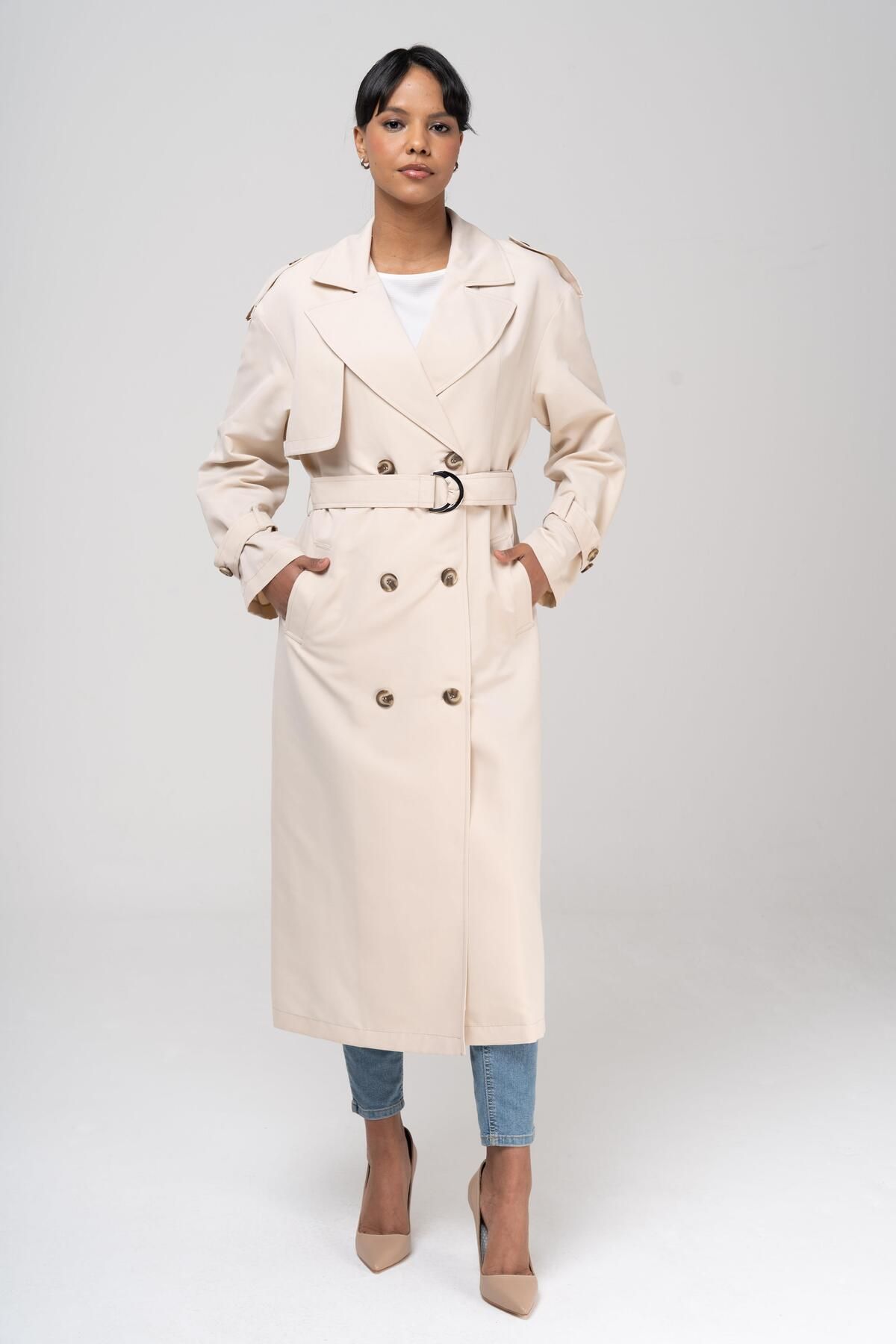 Olcay-Bequeme Passform, zweireihiger, wasserabweisender, ungefütterter Trenchcoat BEIGE 6542 2