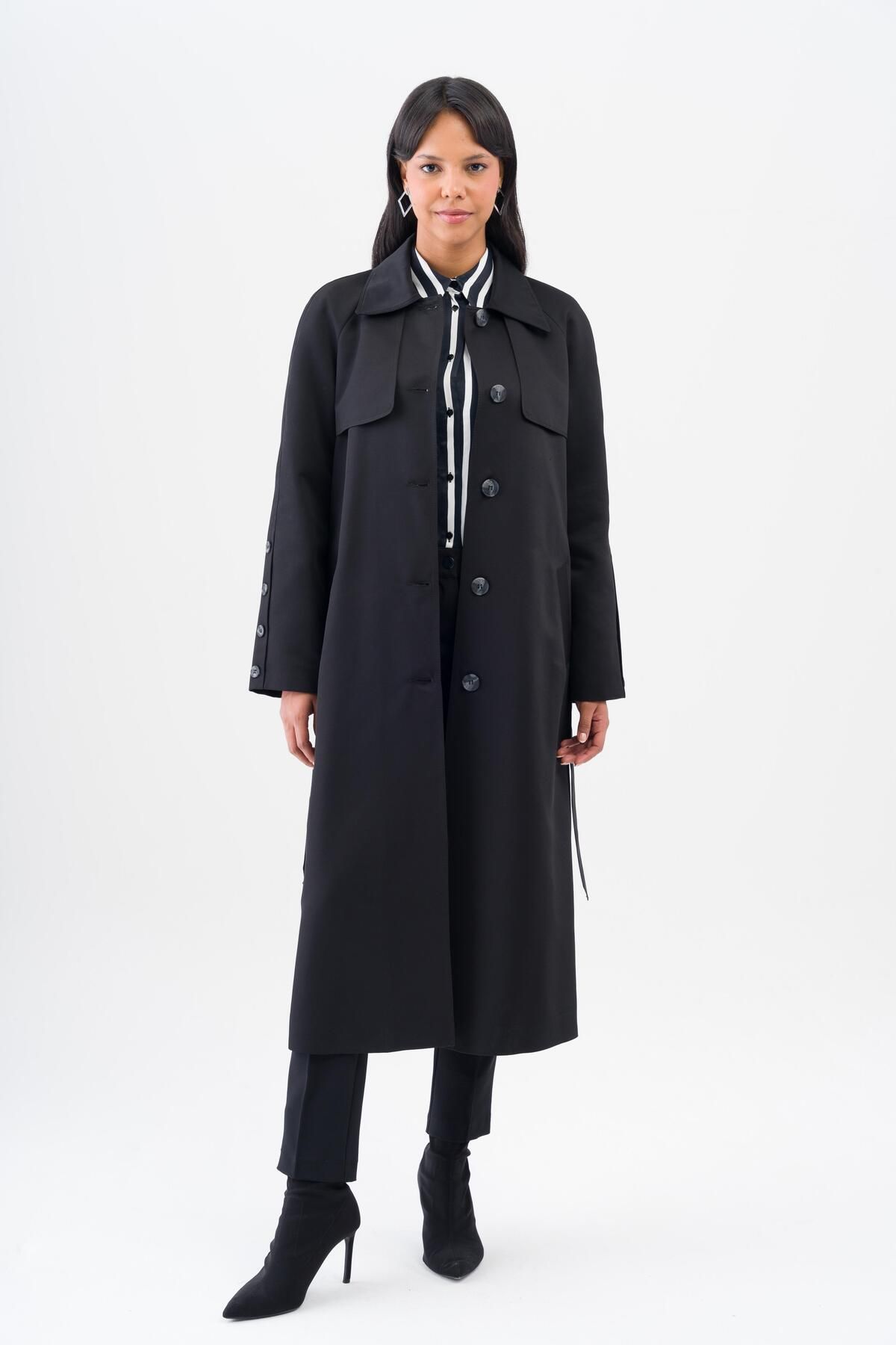 Olcay-Shirt Collar Cloak Detailed Raglan Sleeve Water Repellent Feature Lined Intermediate Length Trench Coat BLACK 6530 7