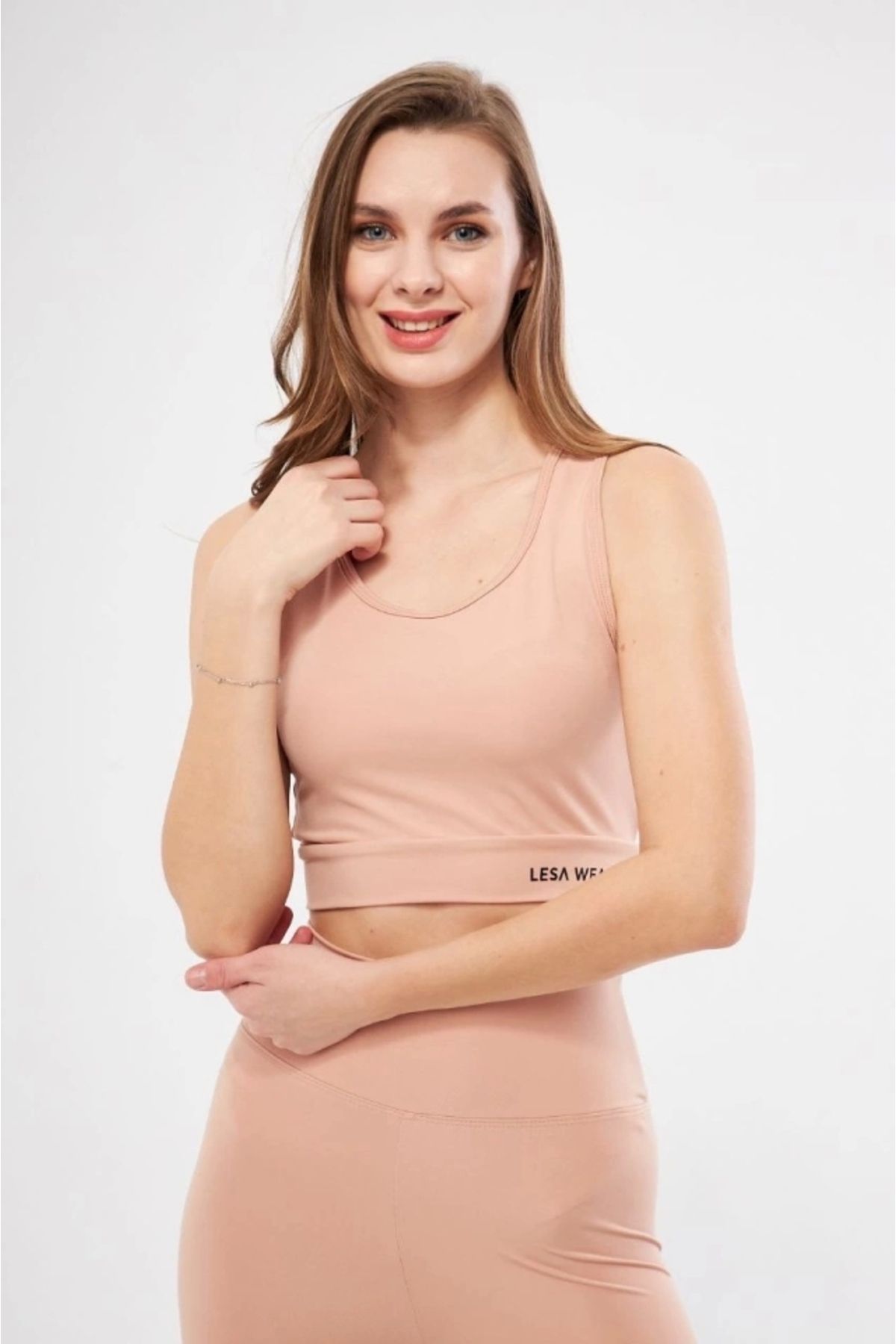 Butik Kolsuz Sporcu Baskılı Crop - Bej