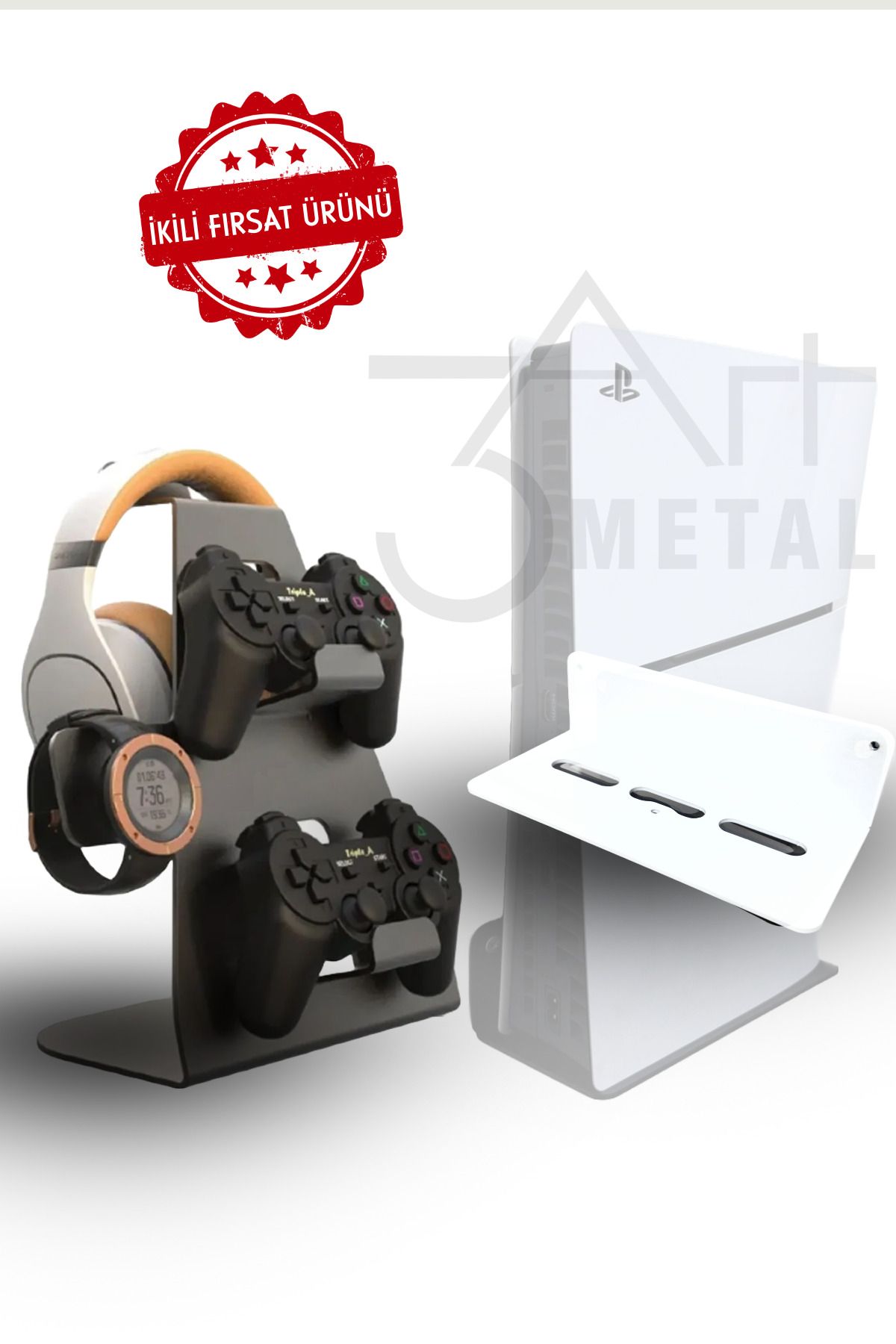 3art Metal 2'li Fırsat Ps5 Ve Ps5 Slim Duvar Standı  Joystick Konsol Tutacağı Yerden Tasarruf Gaming Aksesuar