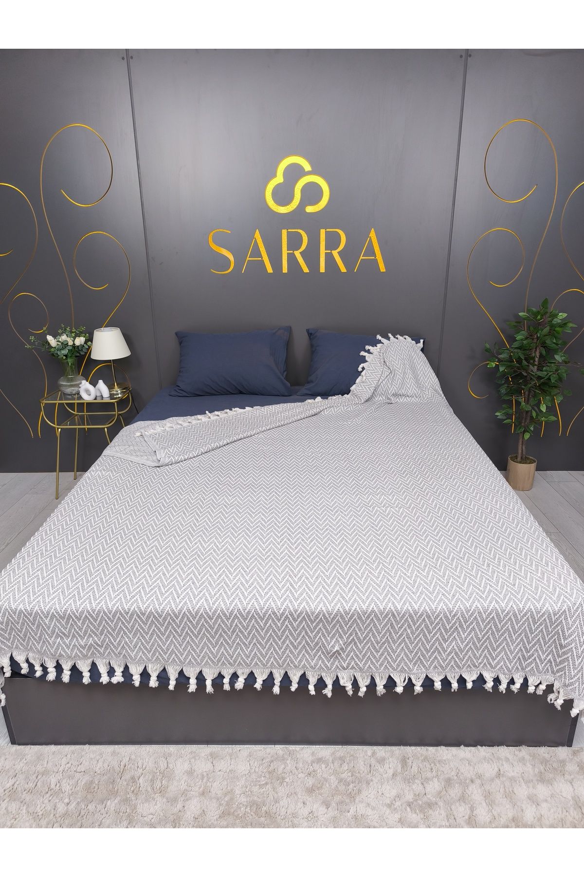 sarra HOME ÇİFT KİŞİLİK ZİKZAK PEŞTEMAL PİKE - GRİ