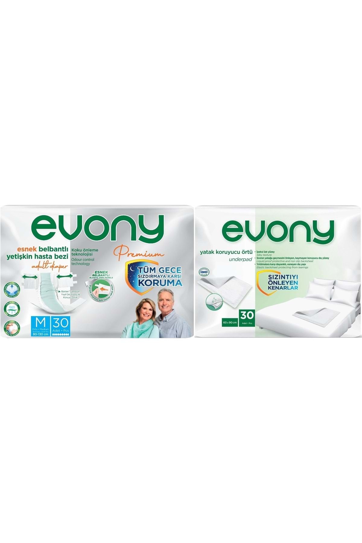 Evony Premium Hasta Bezi Yetişkin Bel Bantlı Tekstil Yüzey Orta 30 Adet+ Yatak Koruyucu Örtü 30 Adet