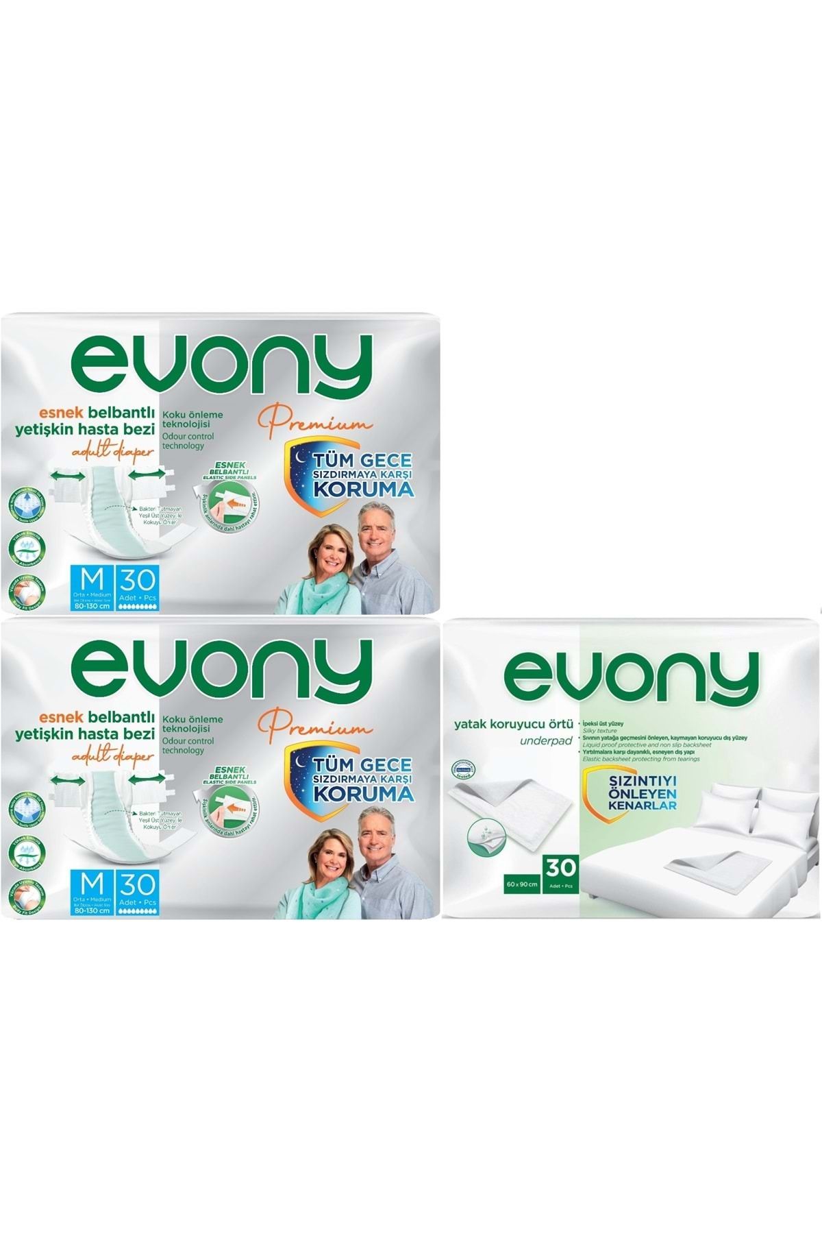 Evony Premium Hasta Bezi Yetişkin Bel Bantlı Tekstil Yüzey Orta 60 Adet+ Yatak Koruyucu Örtü 30 Adet