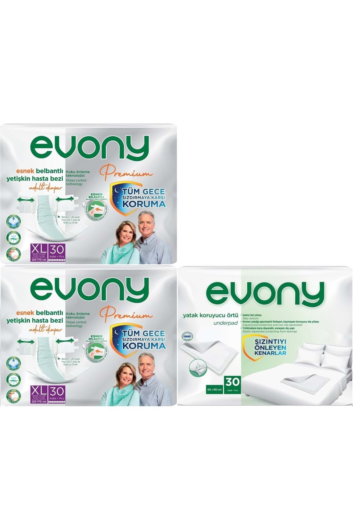 Evony Premium Hasta Bezi Yetişkin Bel Bantlı Tekstil Yüzey XL 60 Adet + Yatak Koruyucu Örtü 30 Adet