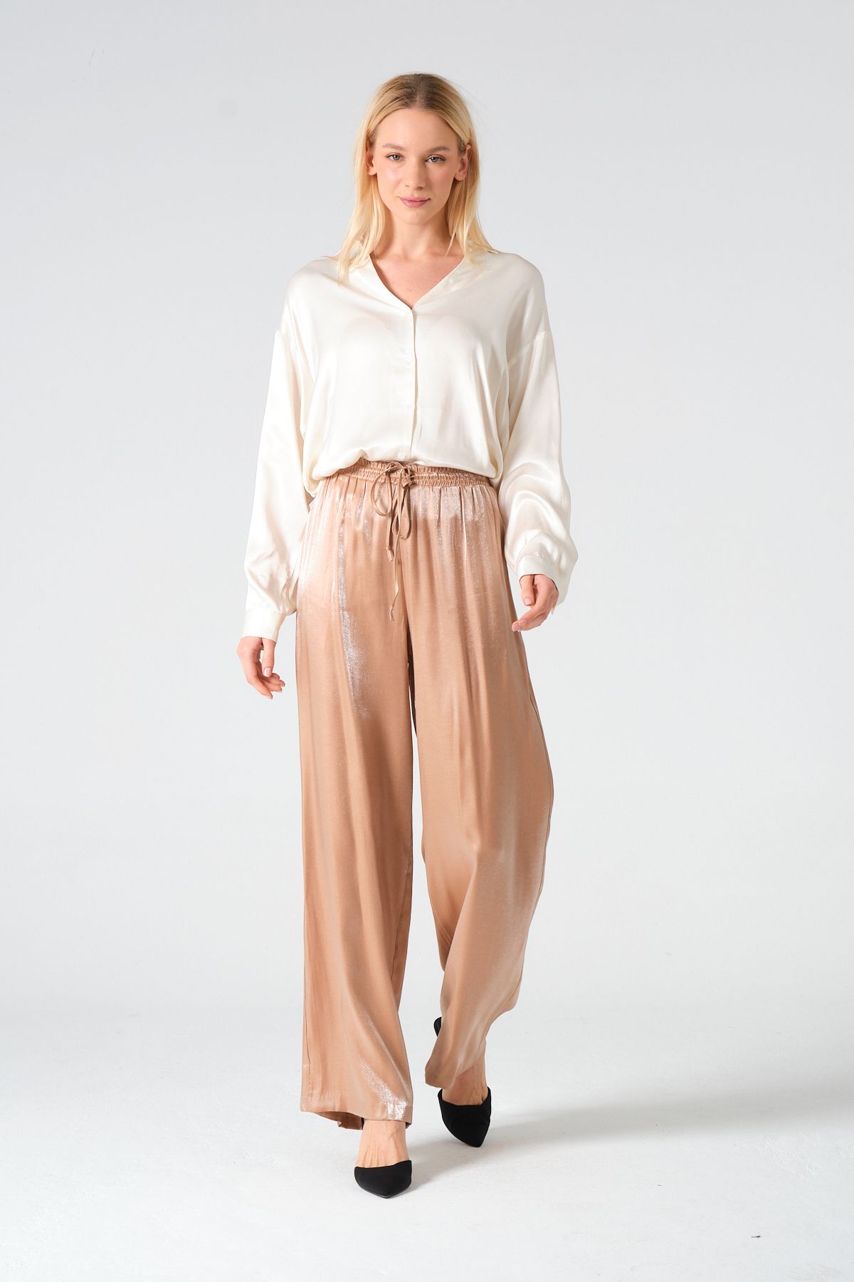 S'amore Clothing Bel Lastikli Parlak Pantolon Camel