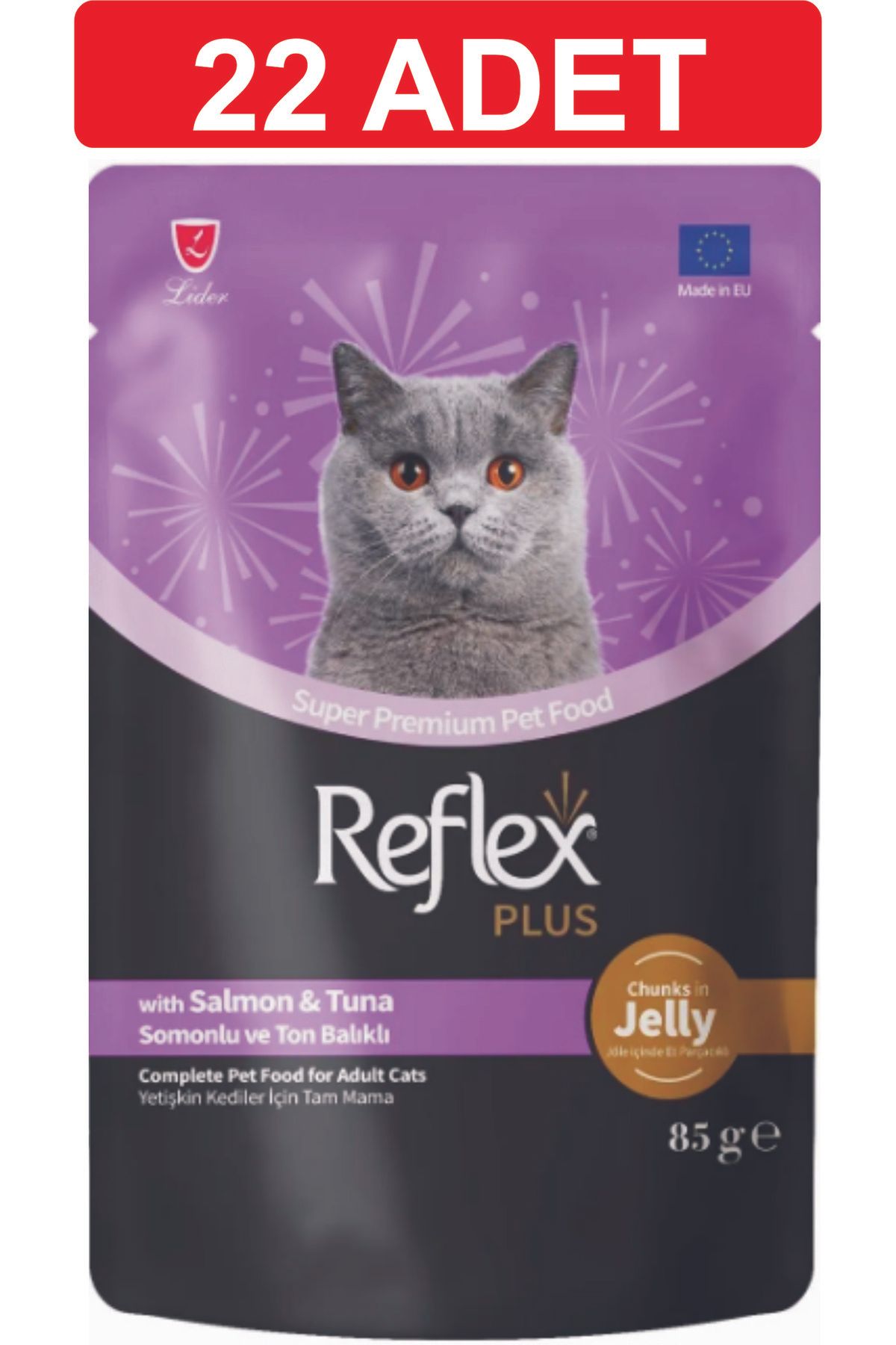 Reflex Jöle İçinde Et Parçacıklı Somon ve Ton Balıklı Yetişkin Kedi Maması 22 adet x 85 gram